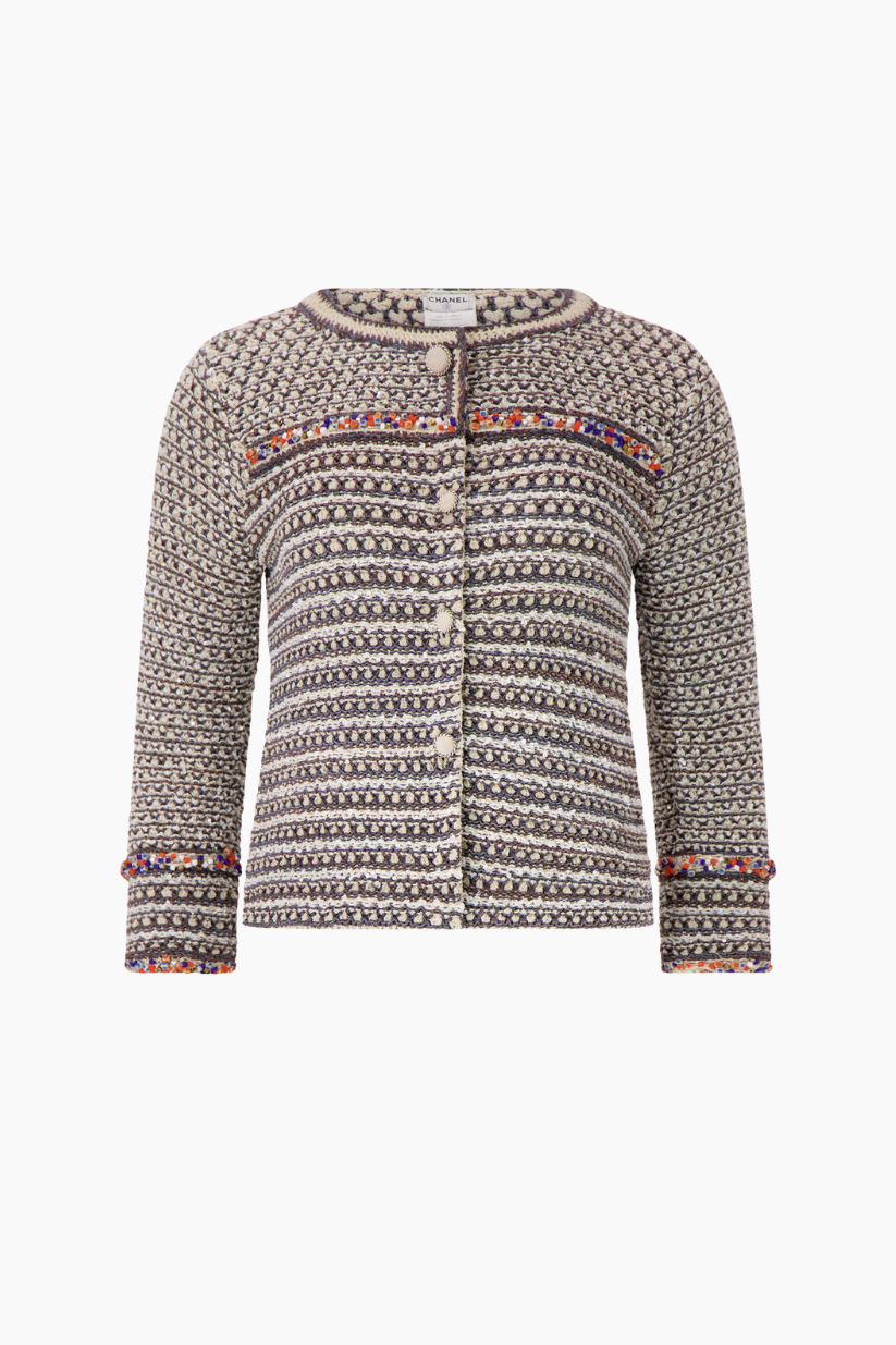 Knitted cardigan with patterned design on a white background