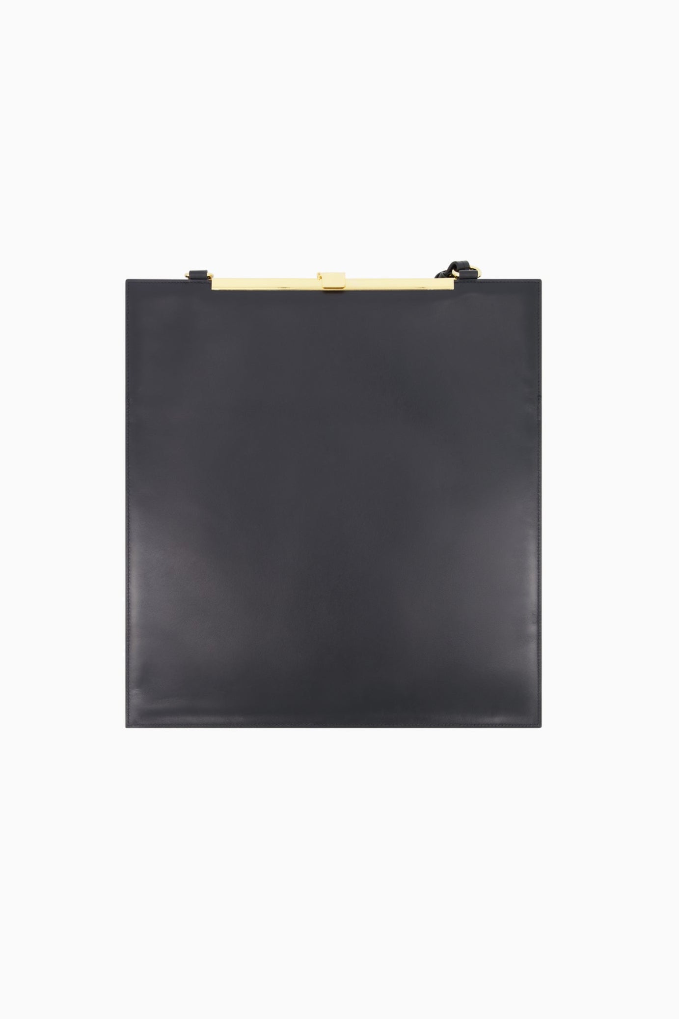 Flat black leather tote with gold hardware.