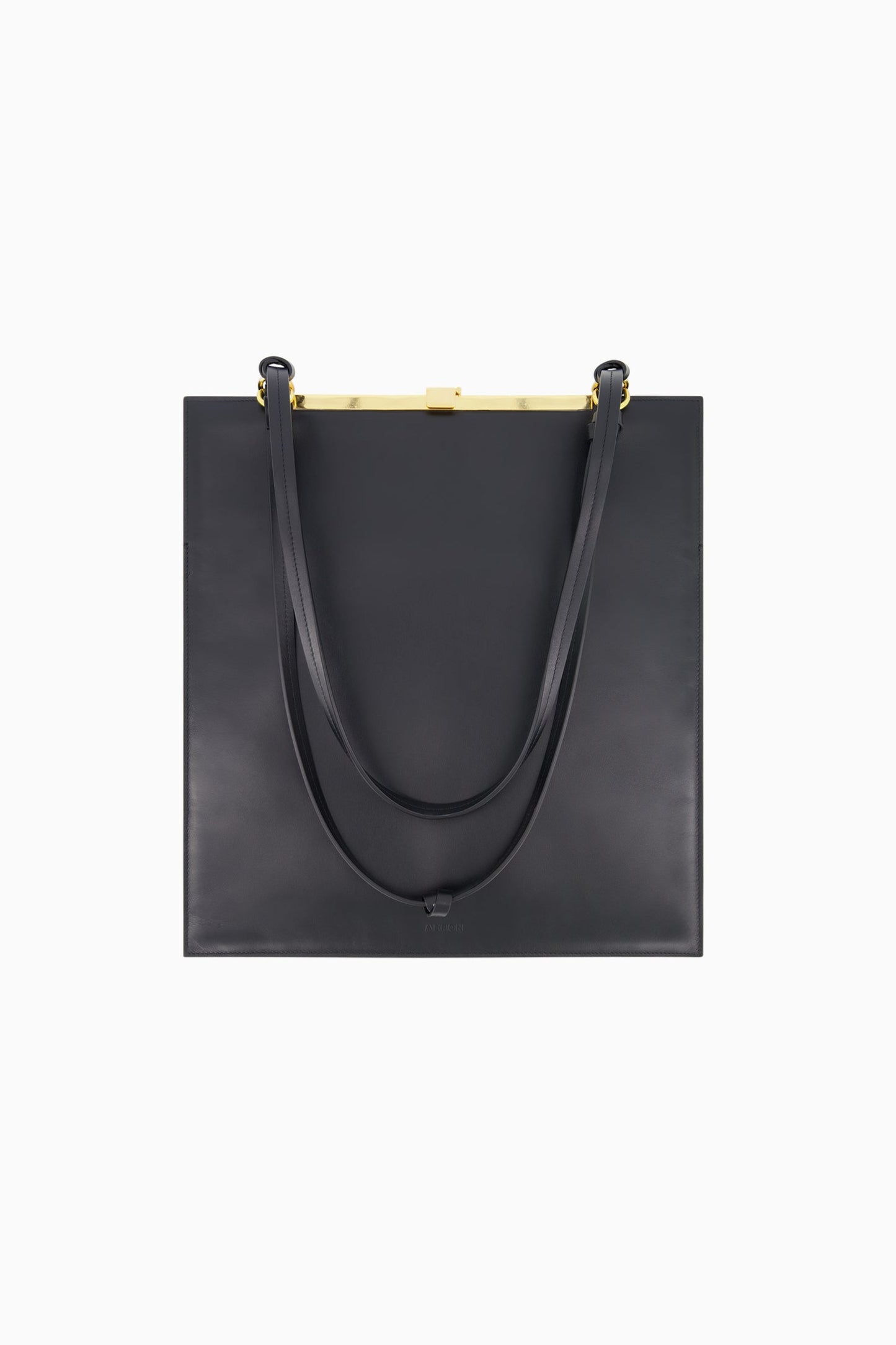 Flat black leather tote with gold hardware.