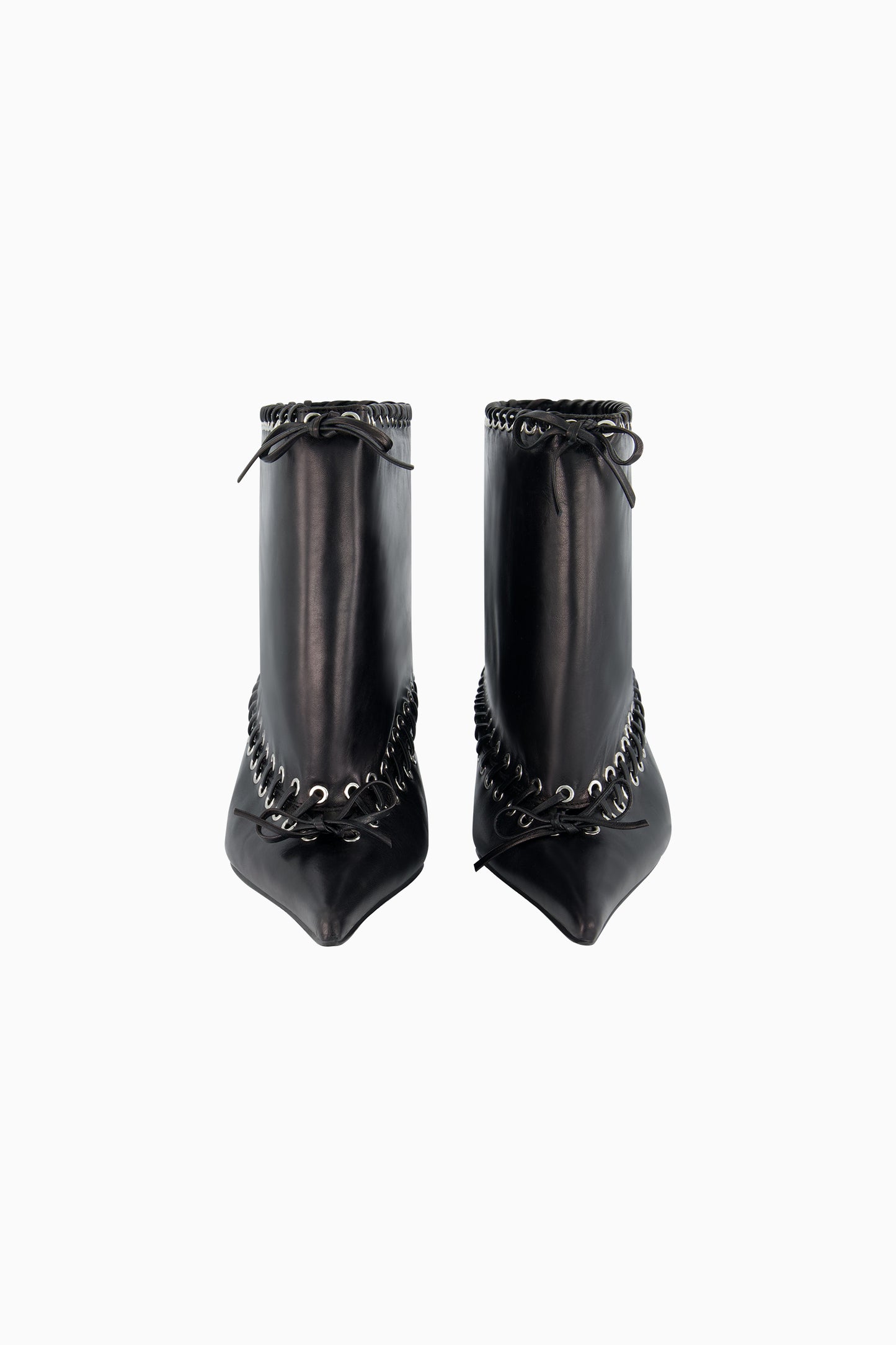 Front view of black leather pointed toe heeled boot.