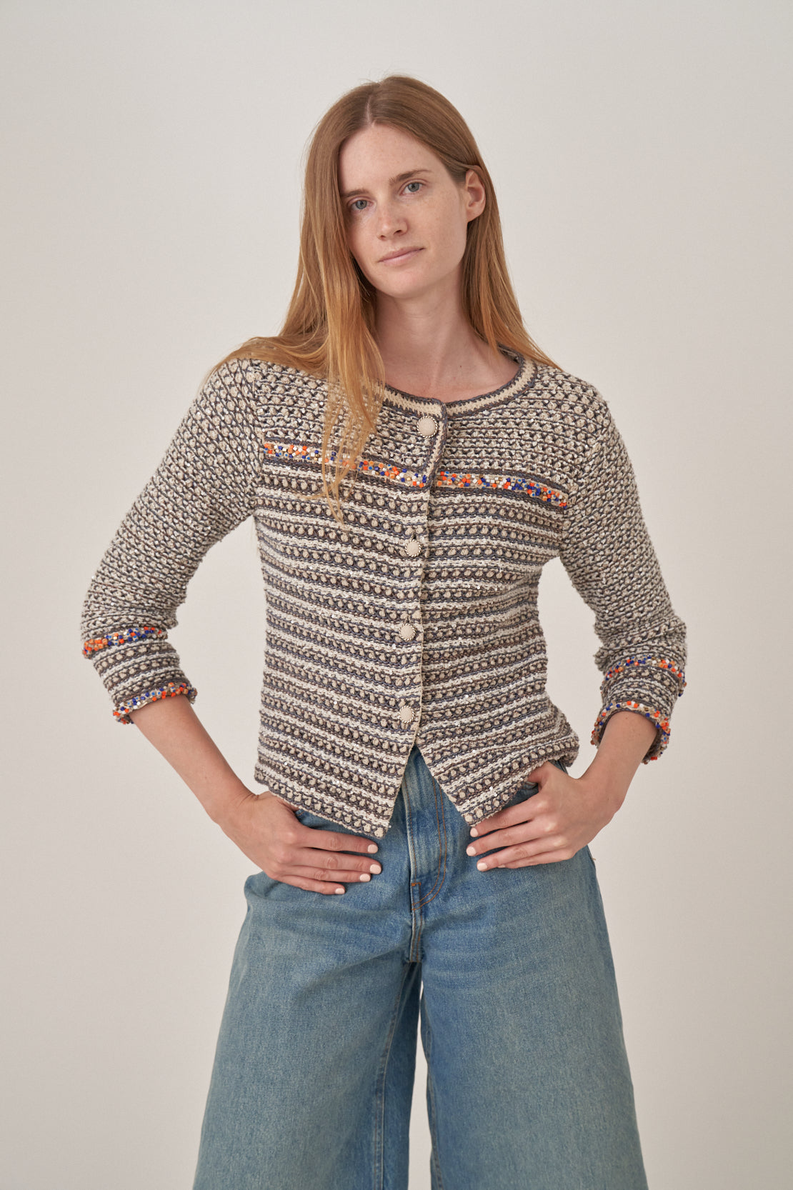 Chanel Jacquard Cardigan with Coloured Bead Details