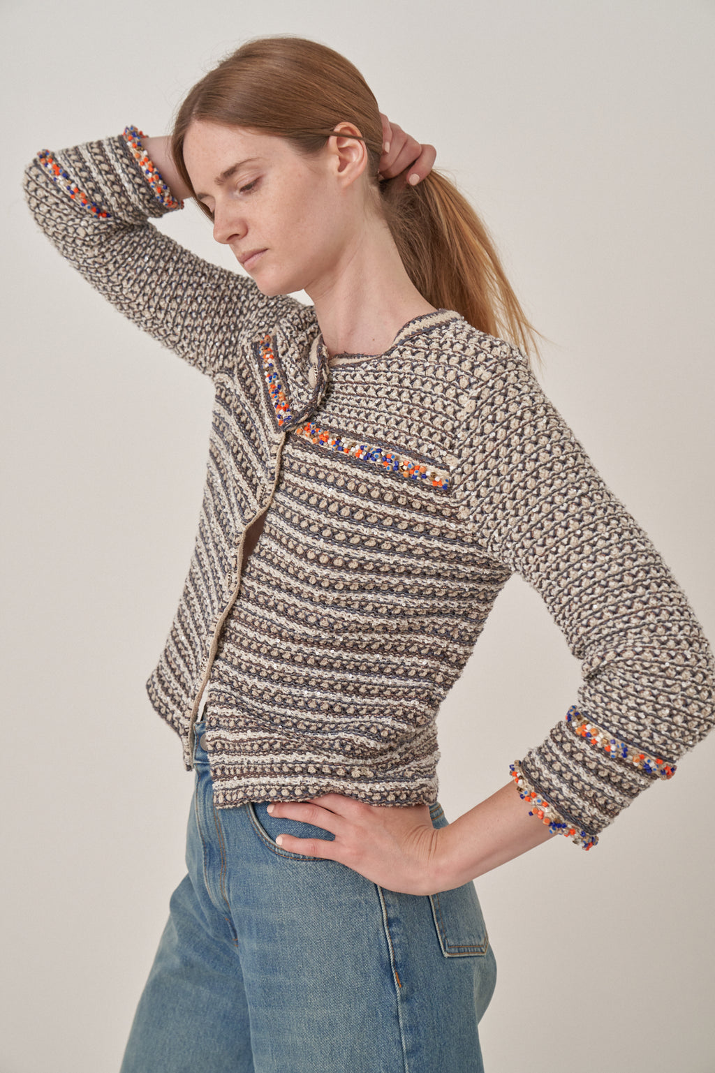 Chanel Jacquard Cardigan with Coloured Bead Details