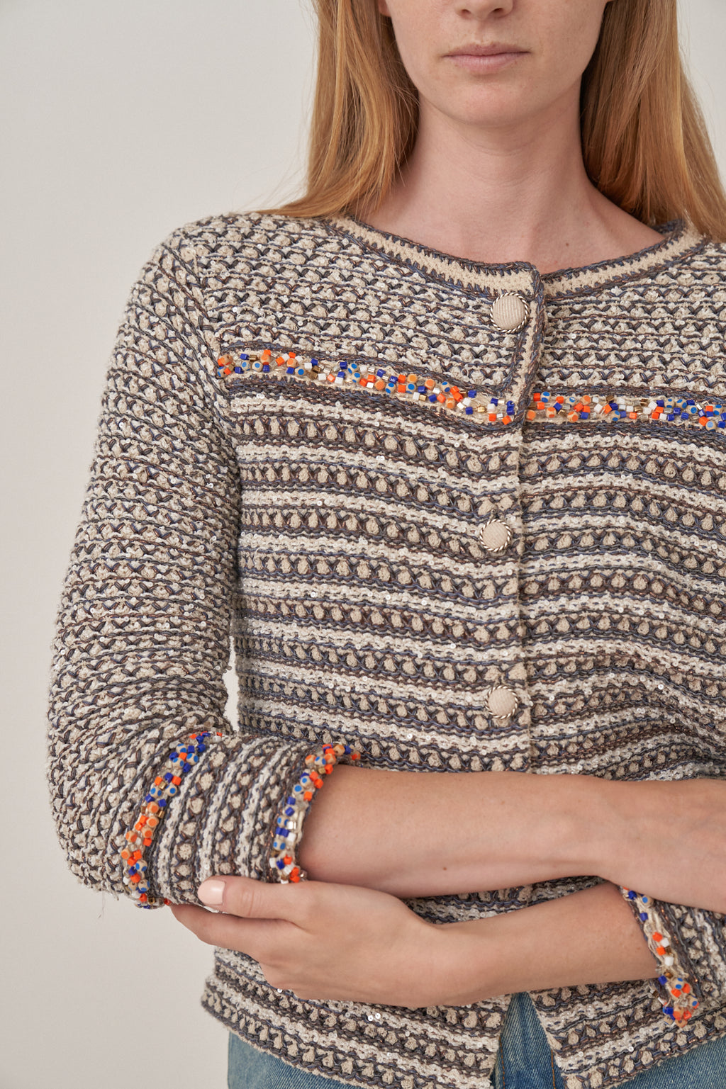Chanel Jacquard Cardigan with Coloured Bead Details