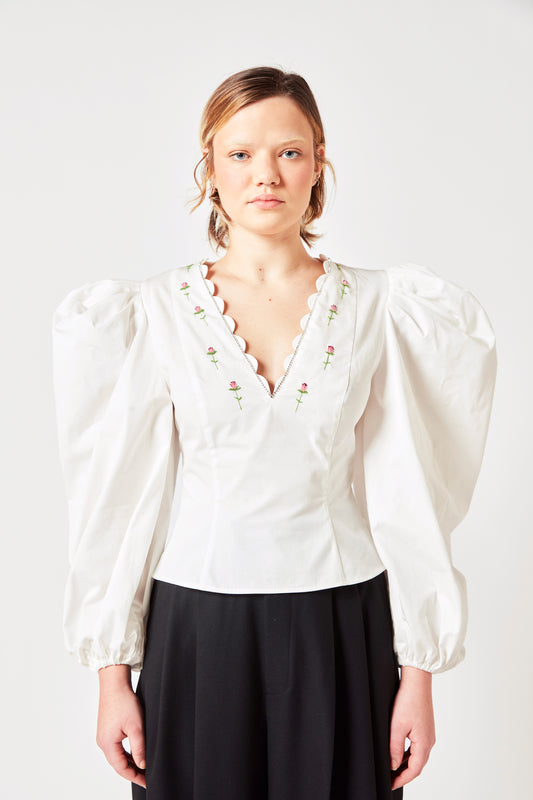 White Cotton Shirt with Floral Embroidery