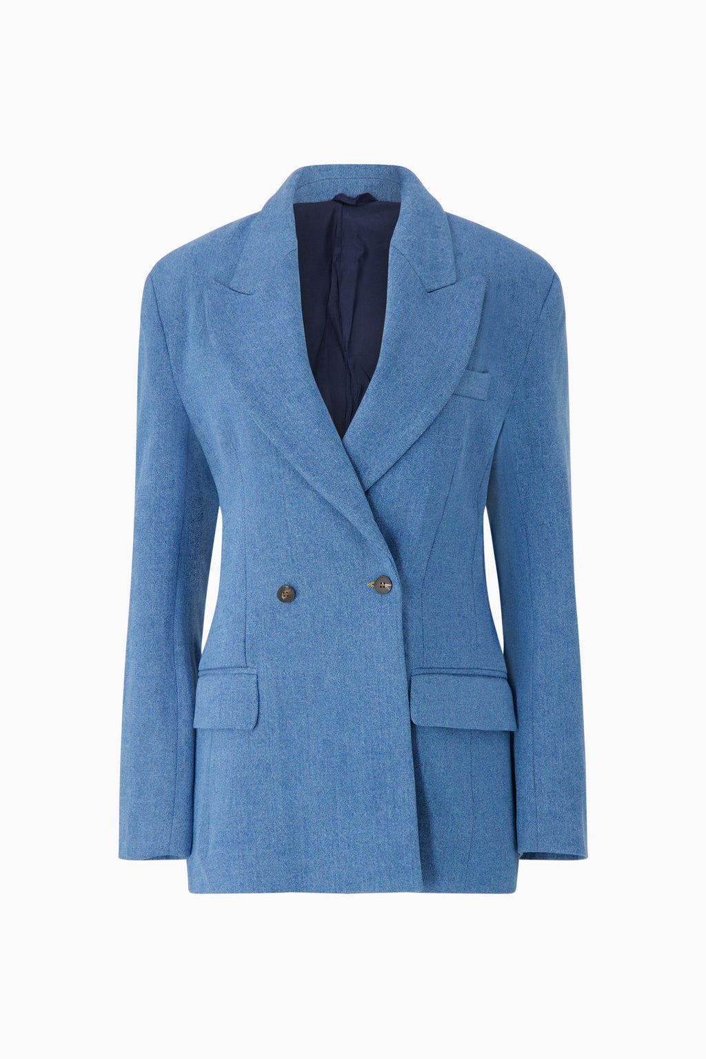 Front view of Bettter denim blazer with hourglass shape.