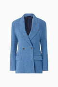 Front view of Bettter denim blazer with hourglass shape.