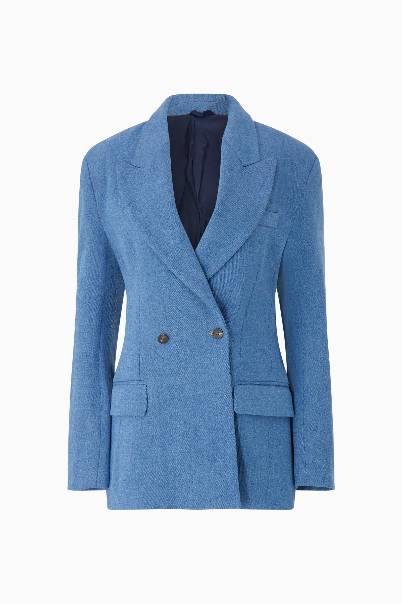 Front view of Bettter denim blazer with hourglass shape.