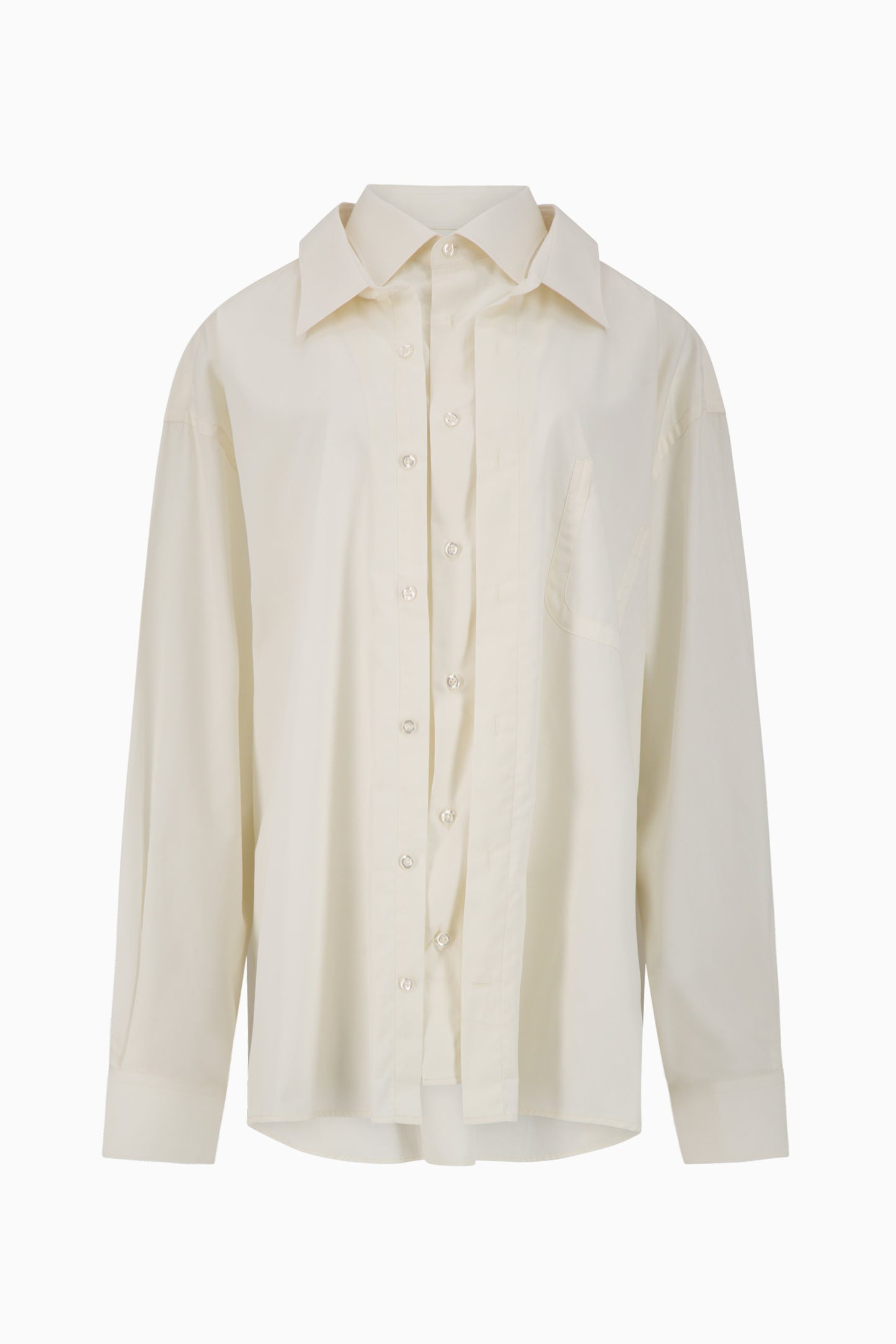 Front view of ivory double button up shirt.