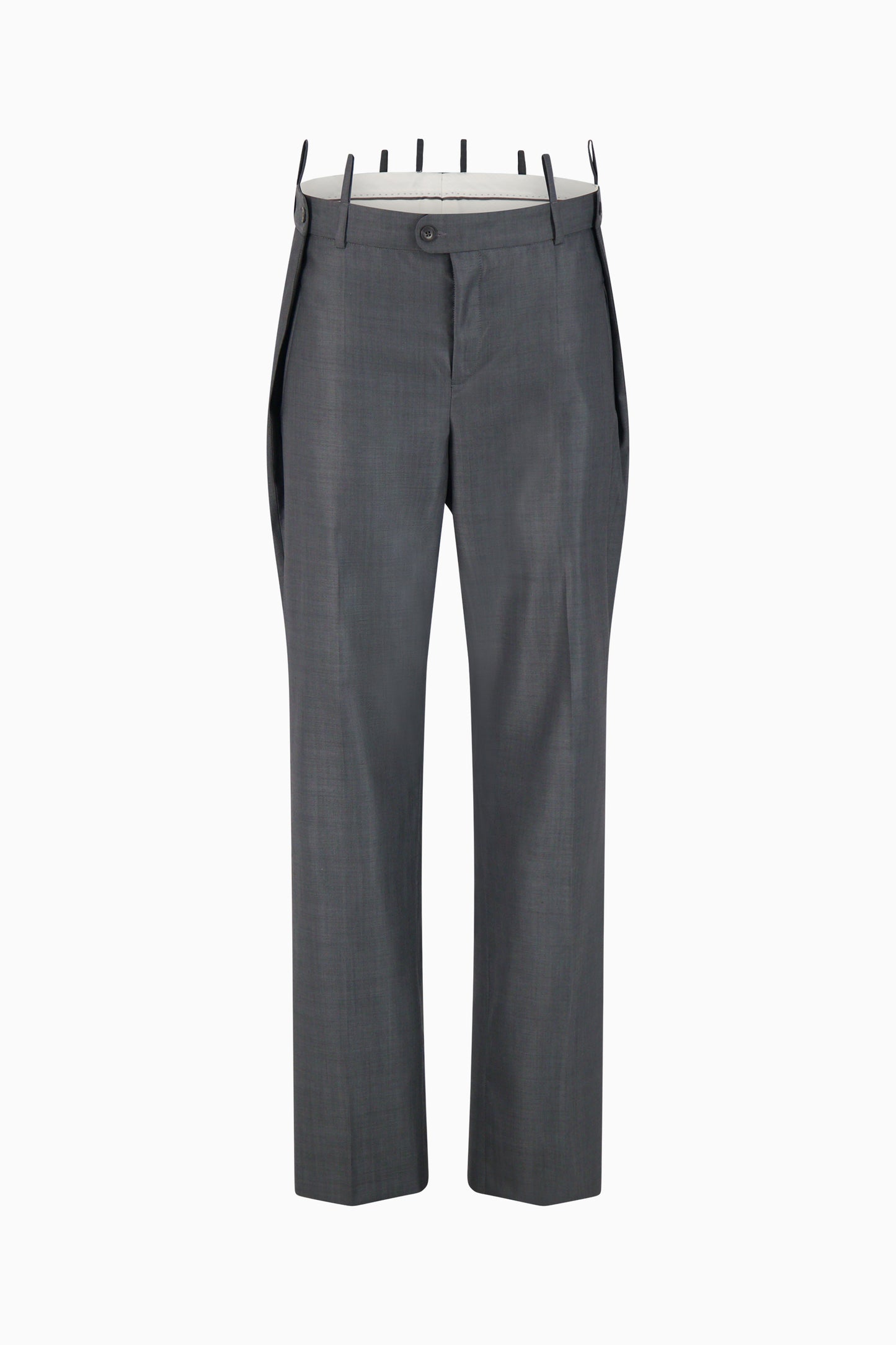 Front view of charcoal grey wool trousers with double belt loops.