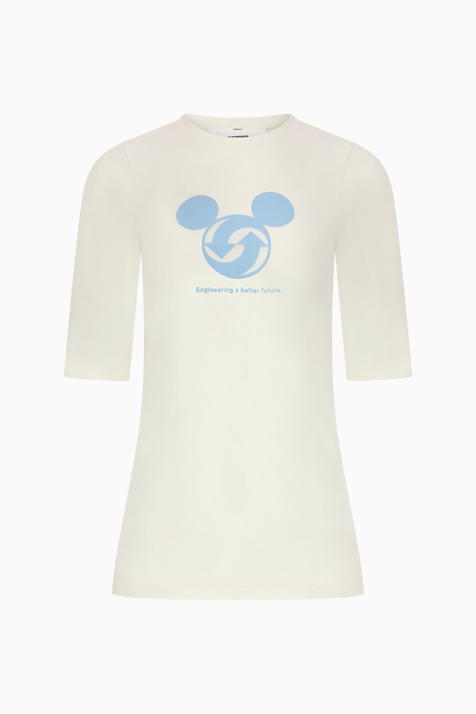 White t-shirt with blue graphic design on a white background