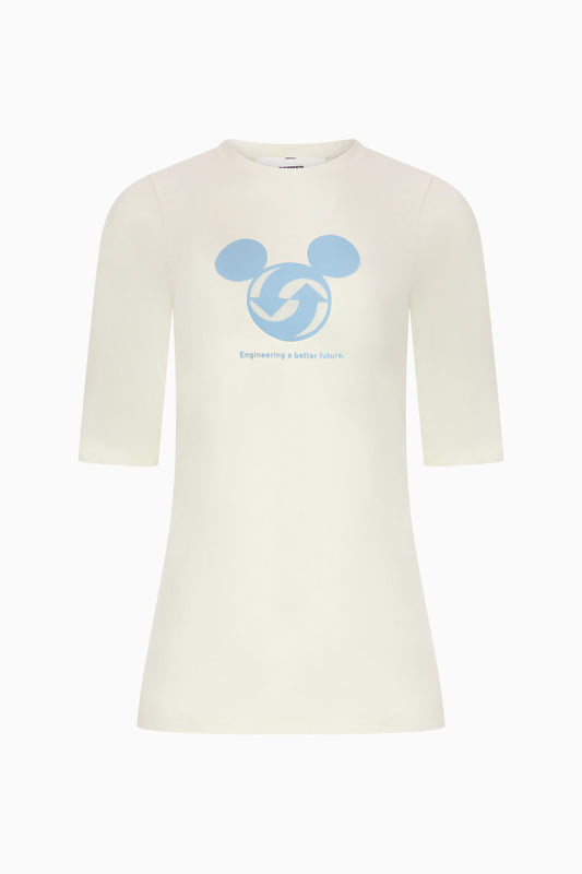 White t-shirt with blue graphic design on a white background