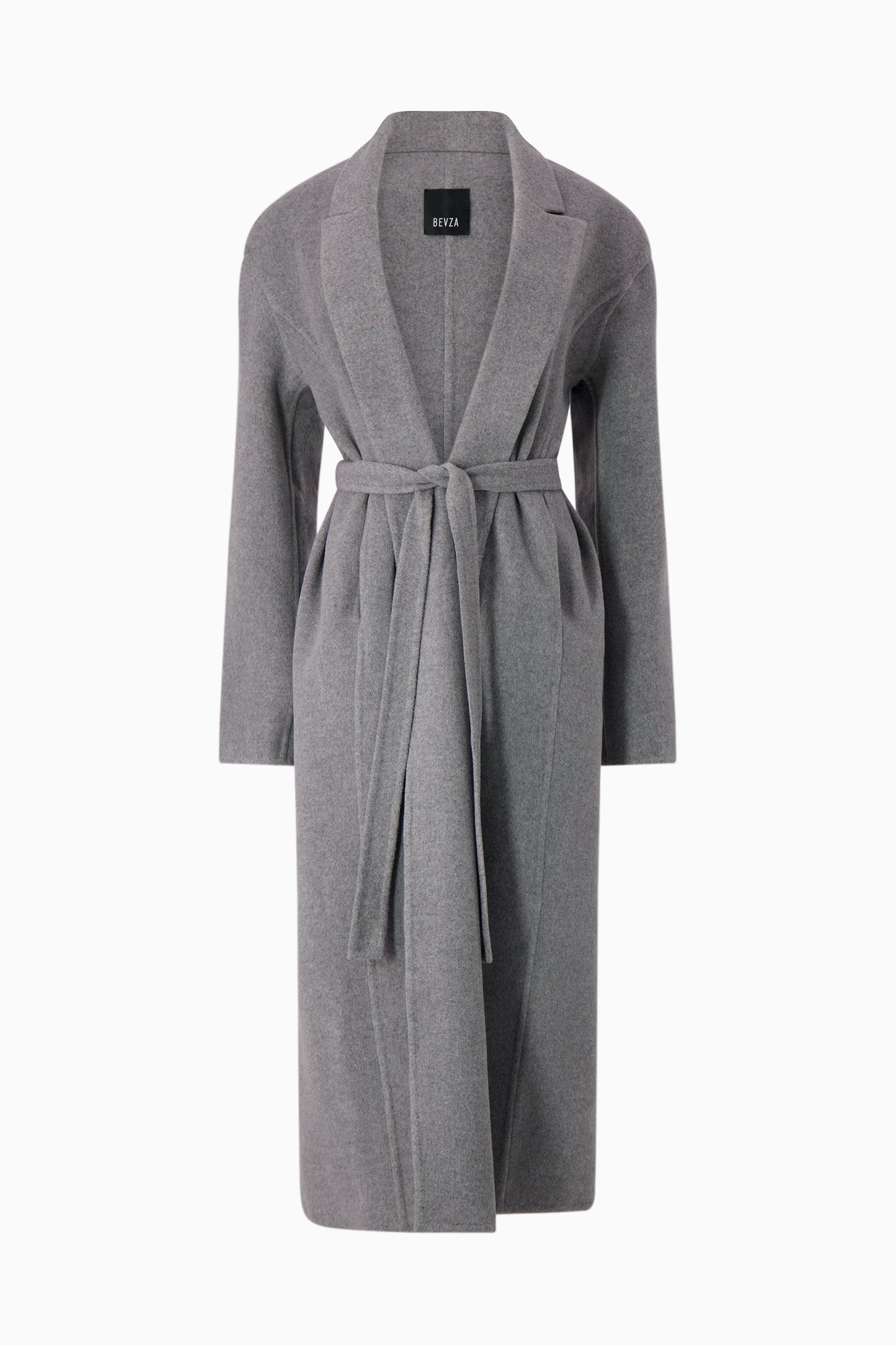 Front view of grey wool trench coat.