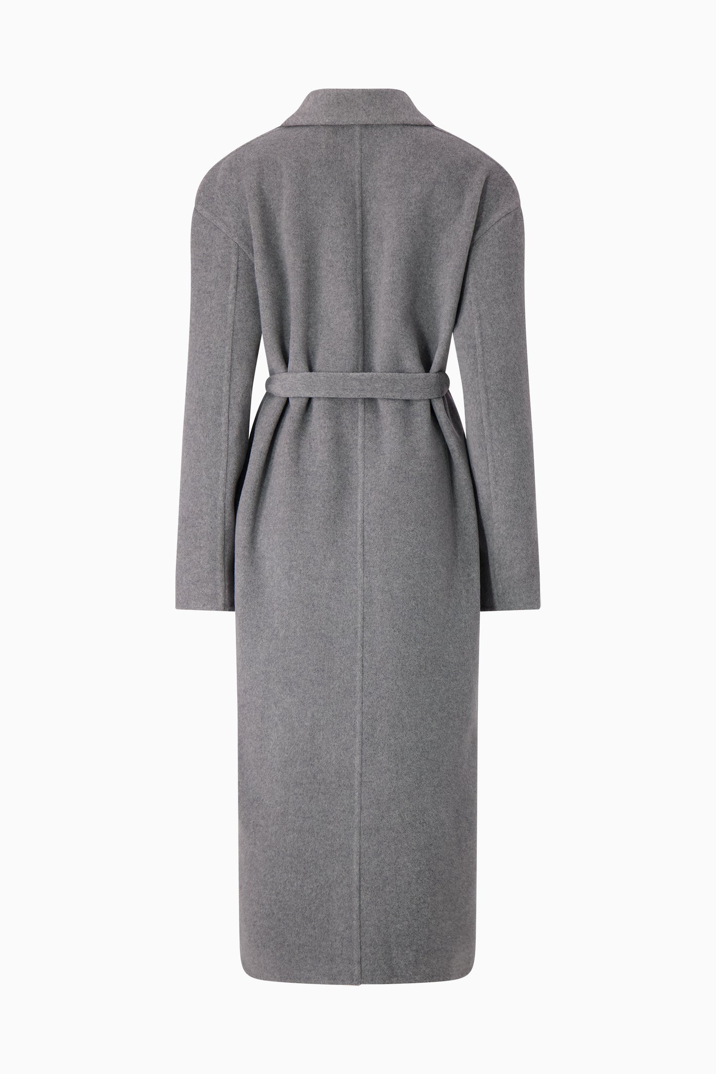 Back view of grey wool trench coat.