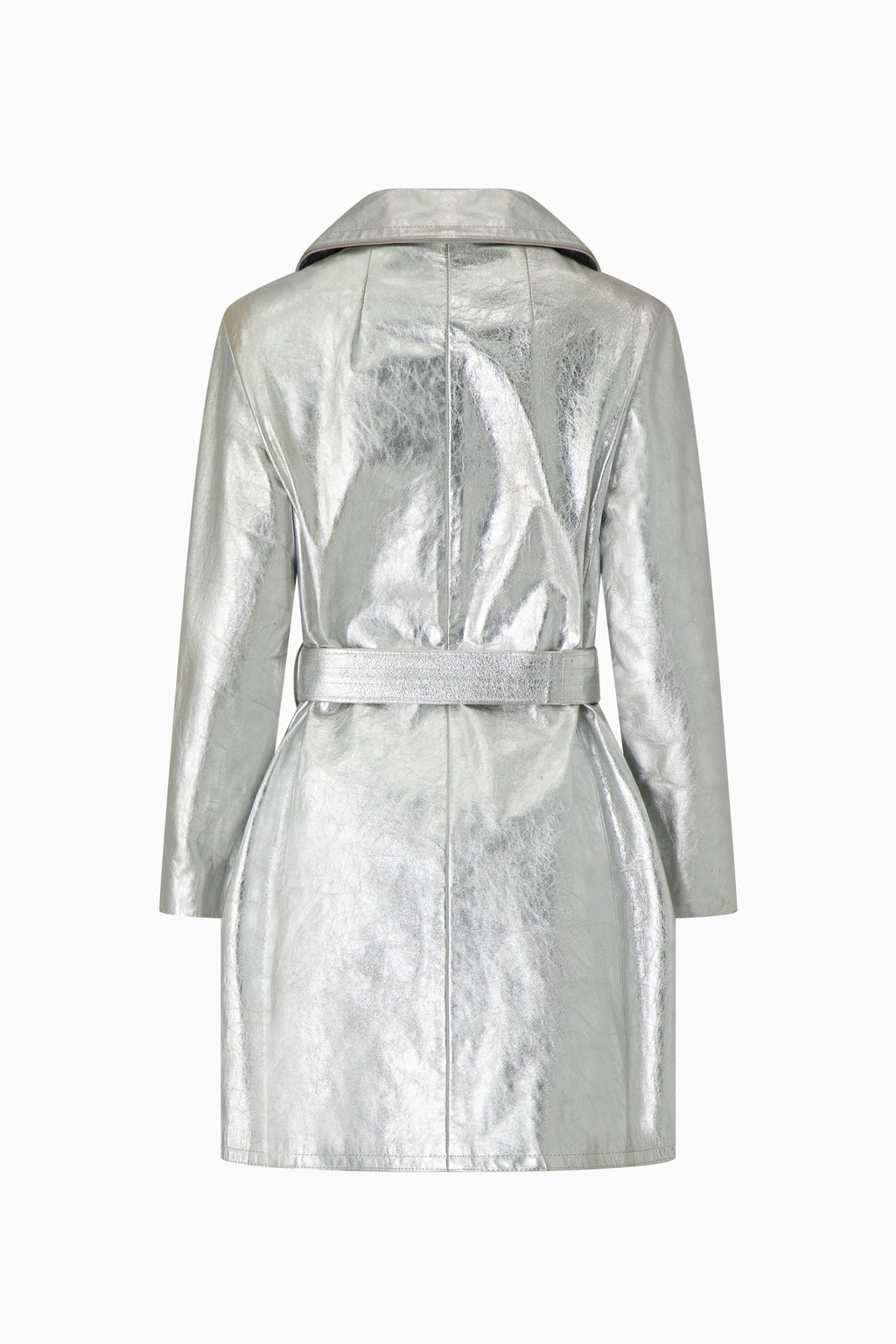 Silver metallic trench coat on a white background