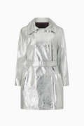 A silver trench coat with a collar, belt, and long sleeves, displayed against a plain background.