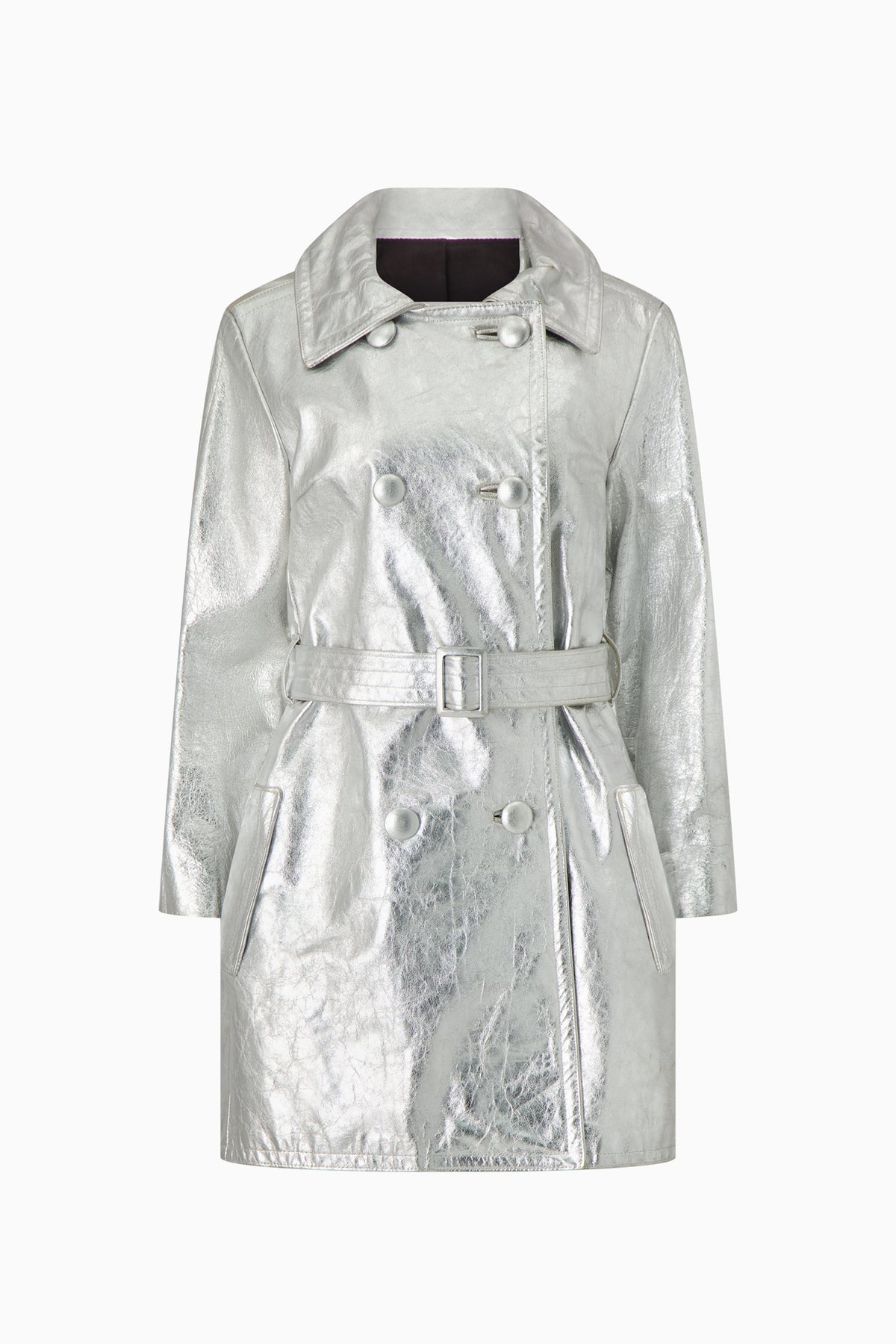 A silver trench coat with a collar, belt, and long sleeves, displayed against a plain background.