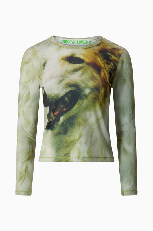 Long sleeve t-shirt with closeup image of dog.