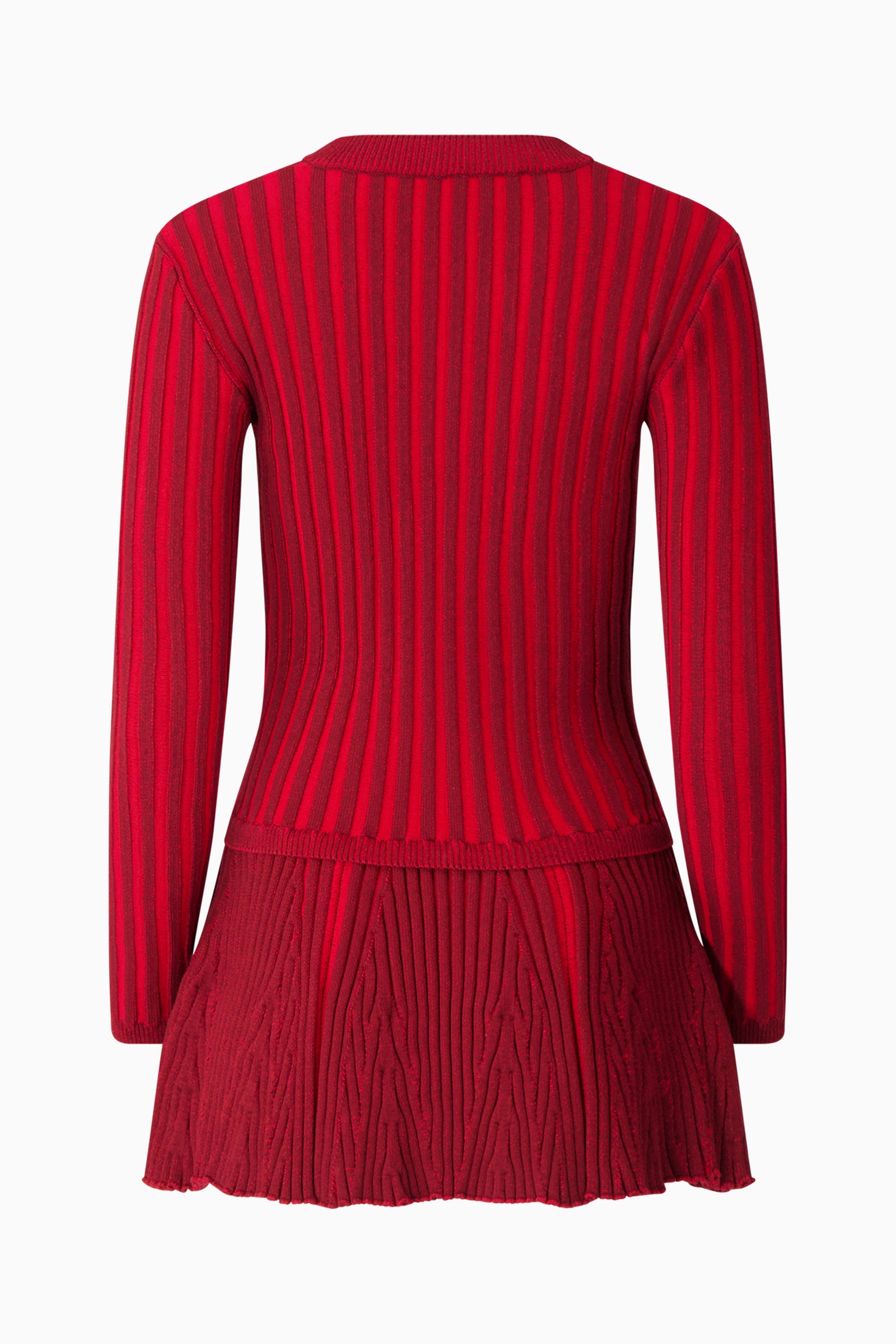 Red ribbed knit with open sweetheart neckline and mini skirt. 