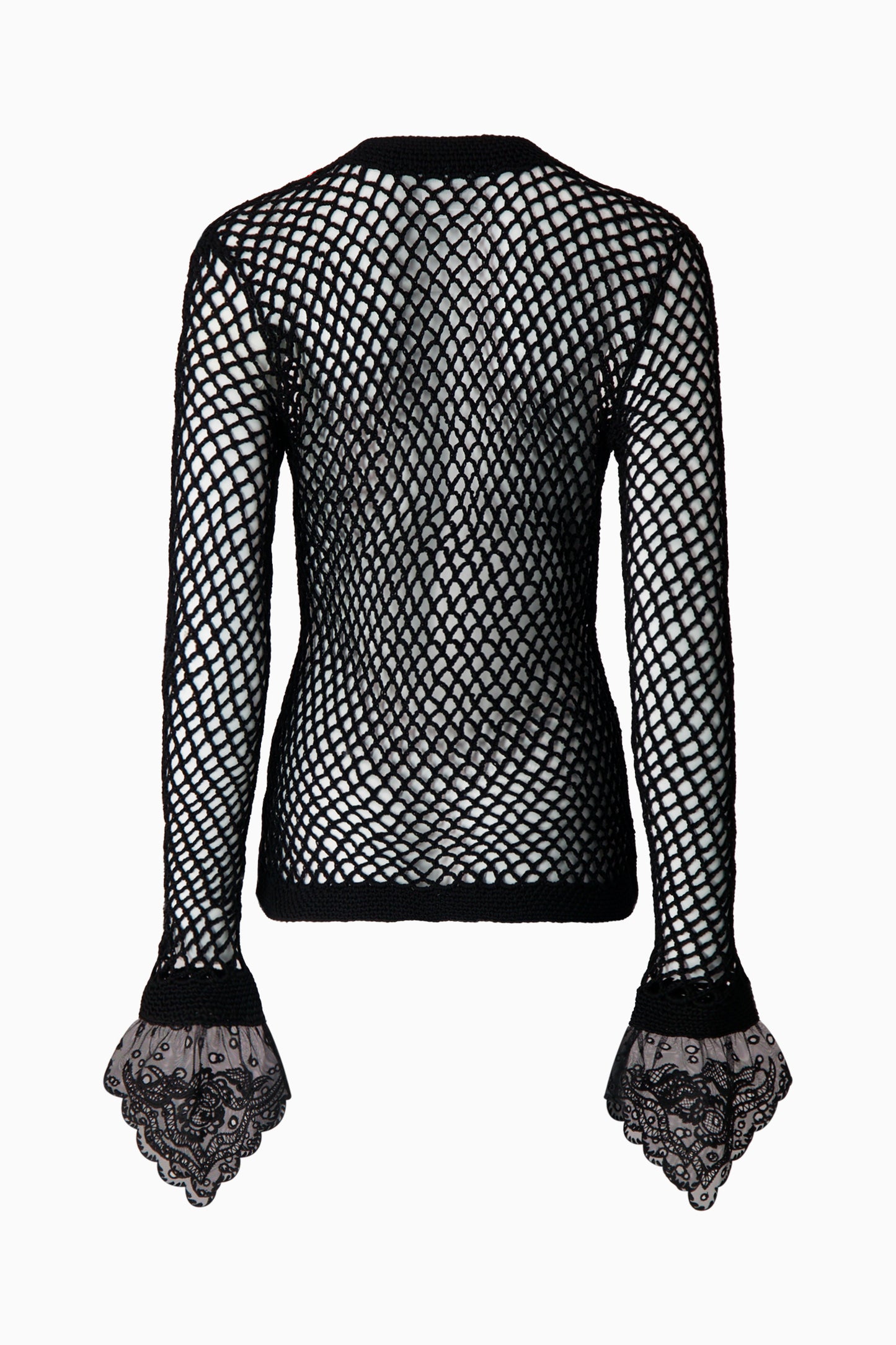 Back view of black net cardigan with black lace sleeves.