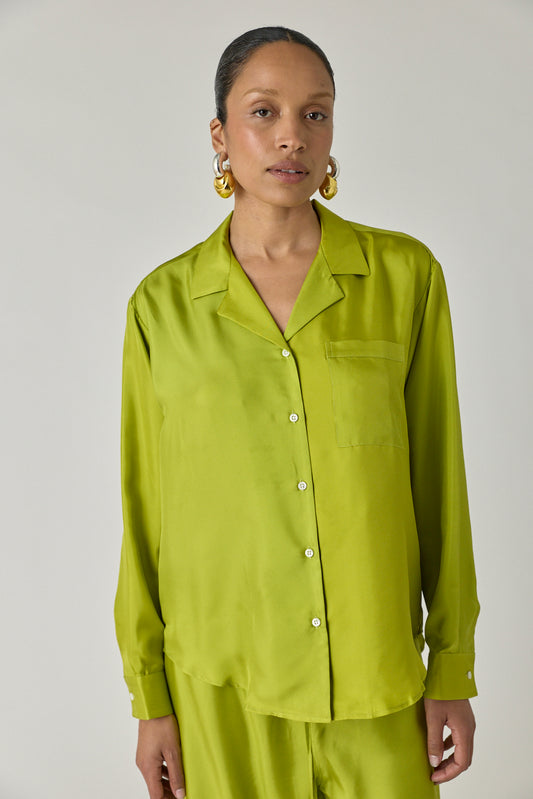 Silk Notched Collar Shirt - Chartreuse
