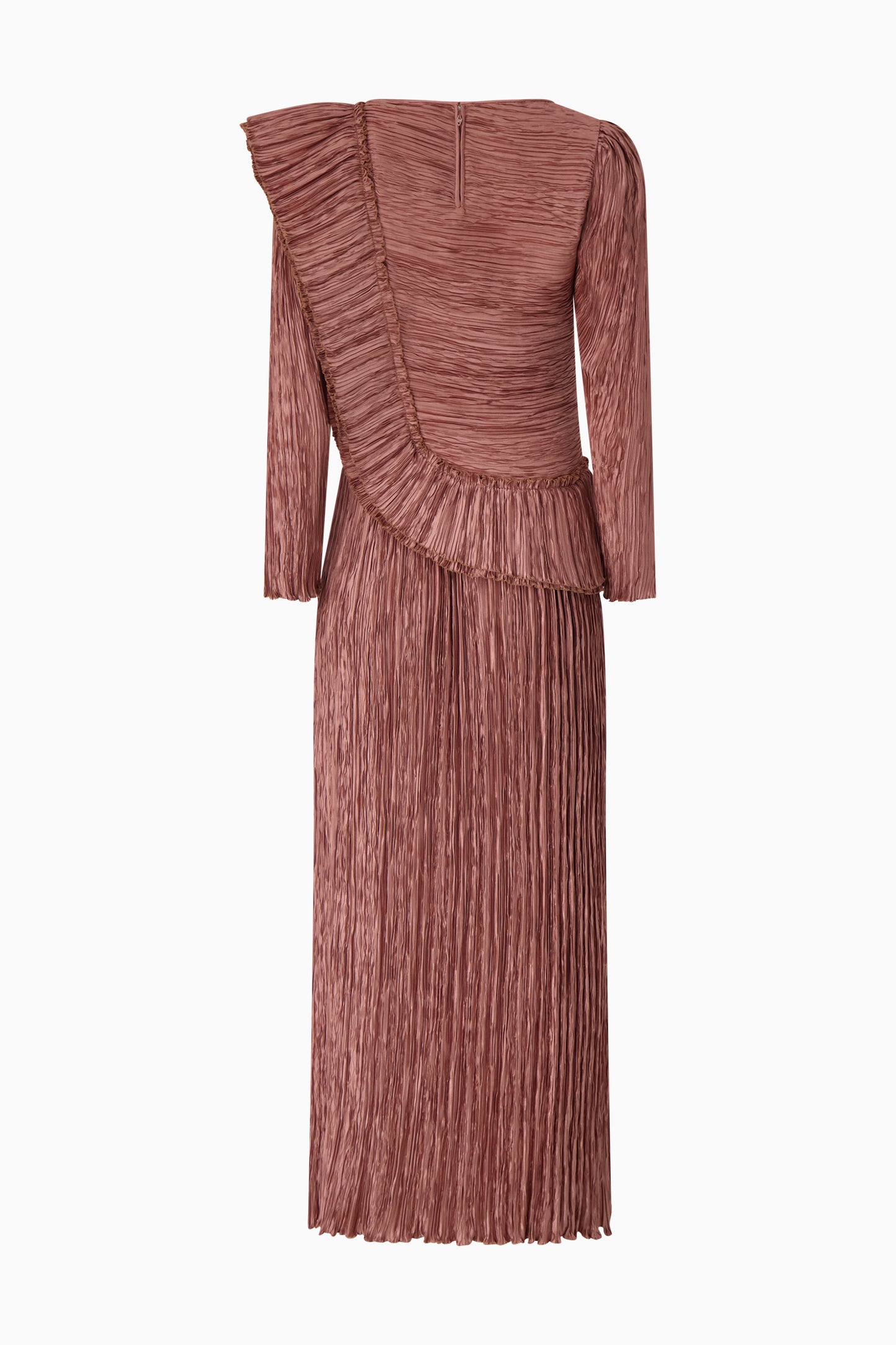 Mauve pleated dress with long sleeves on a white background