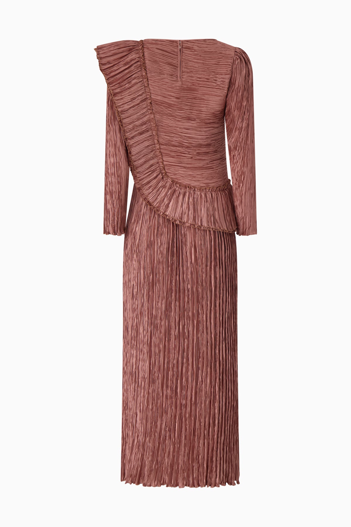 Mauve pleated dress with long sleeves on a white background