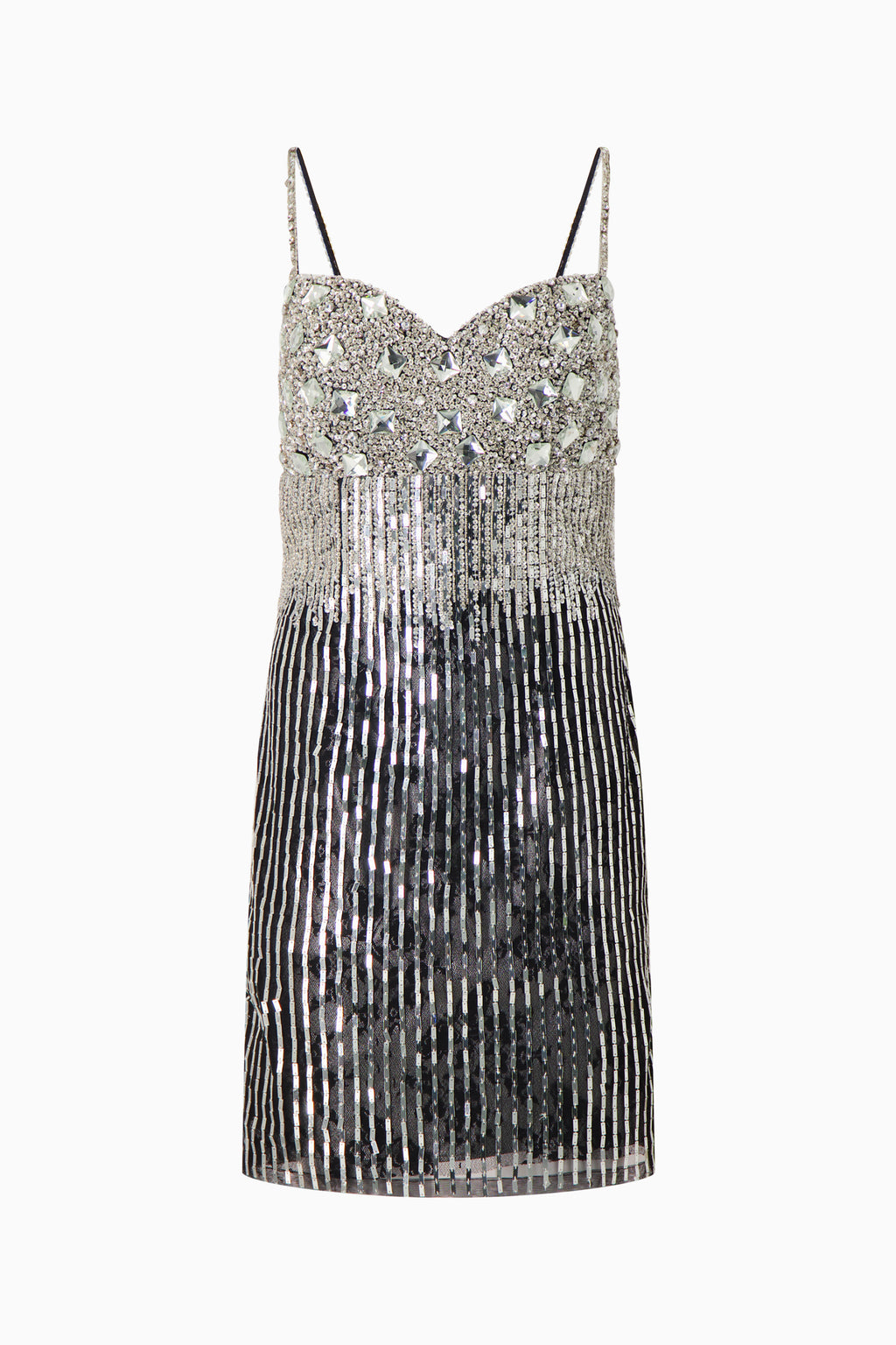 A sleeveless, v-neck rhinestone dress with a knee-length skirt.