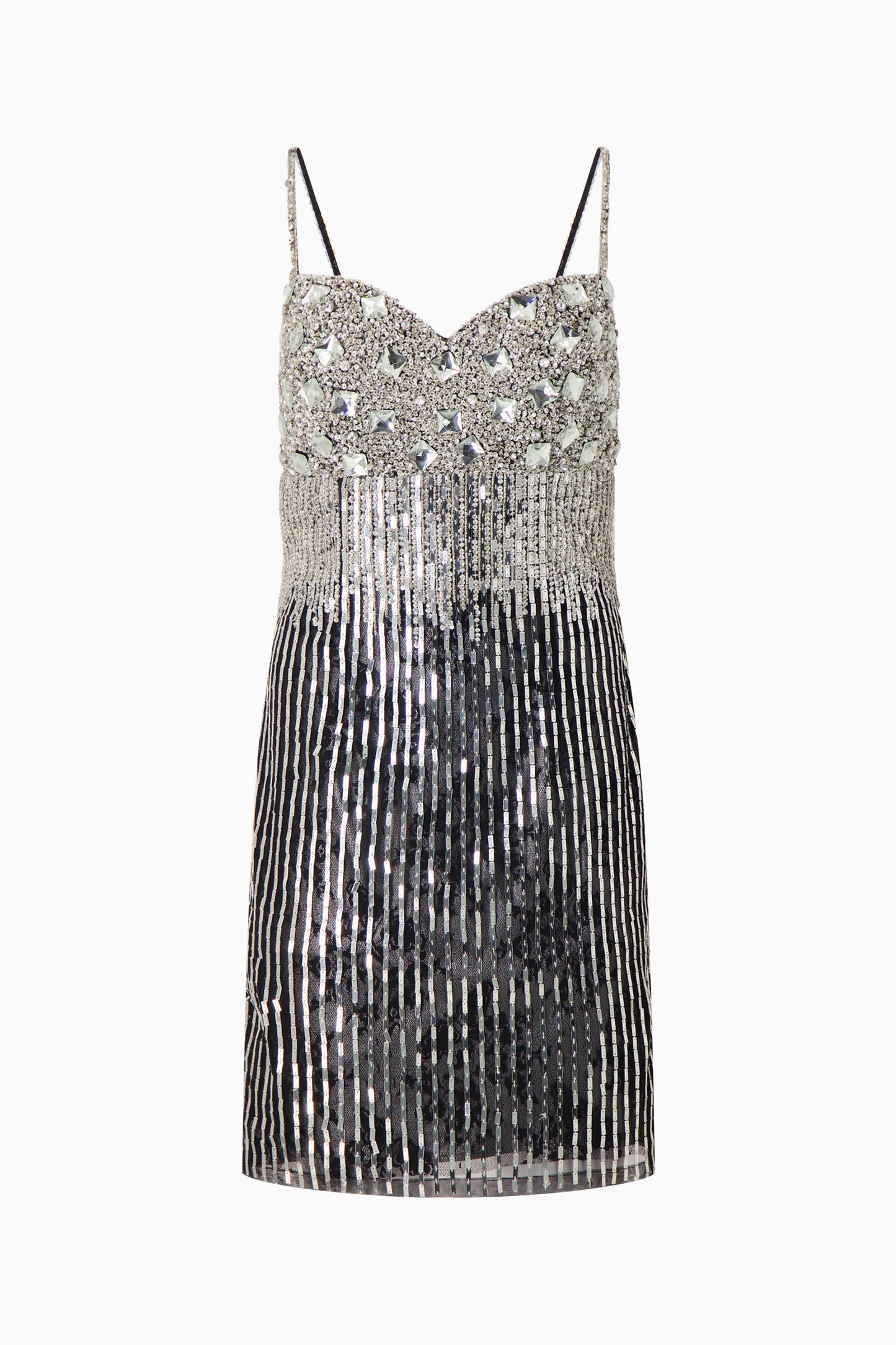 A sleeveless, v-neck rhinestone dress with a knee-length skirt.