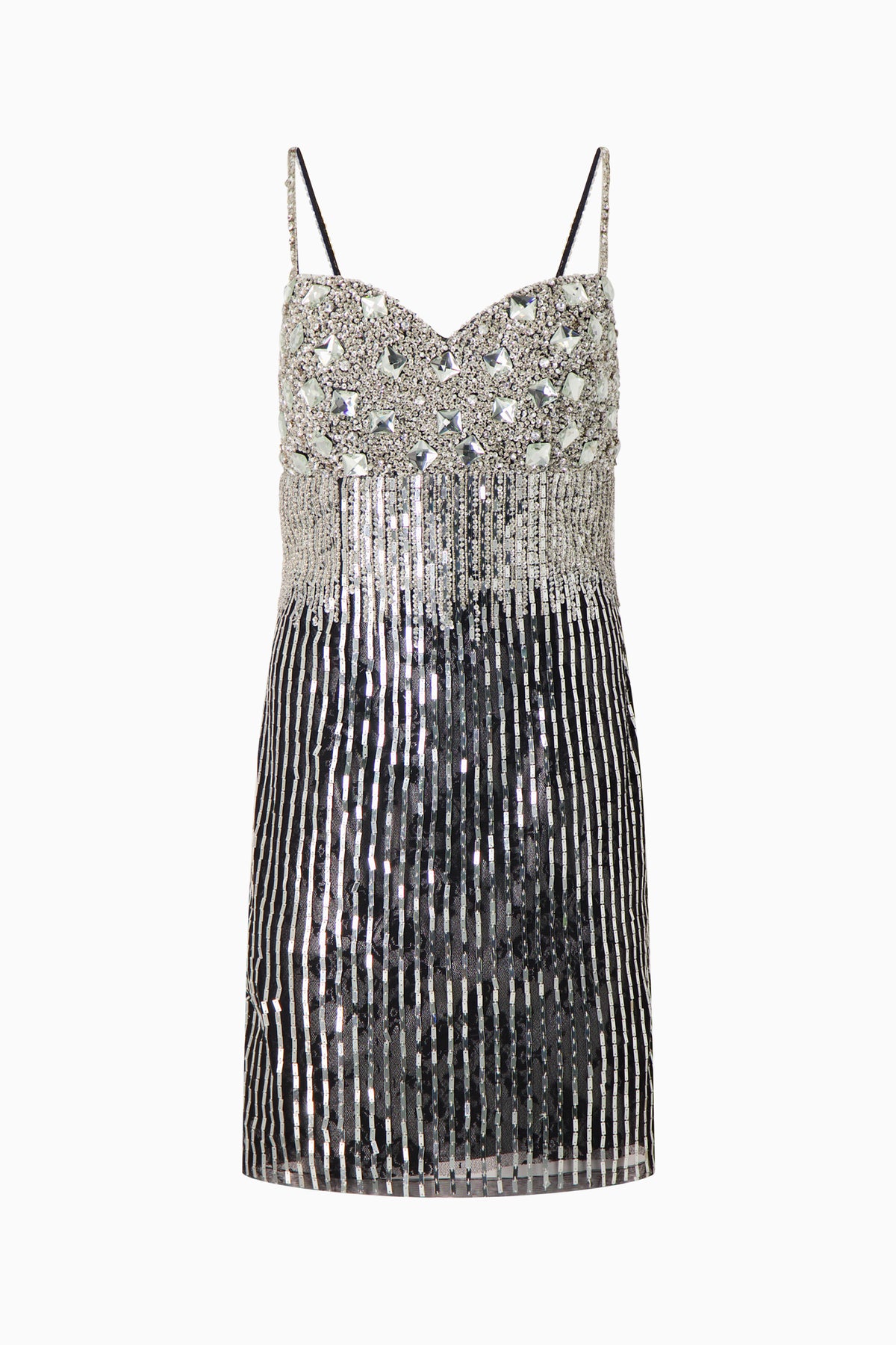 A sleeveless, v-neck rhinestone dress with a knee-length skirt.