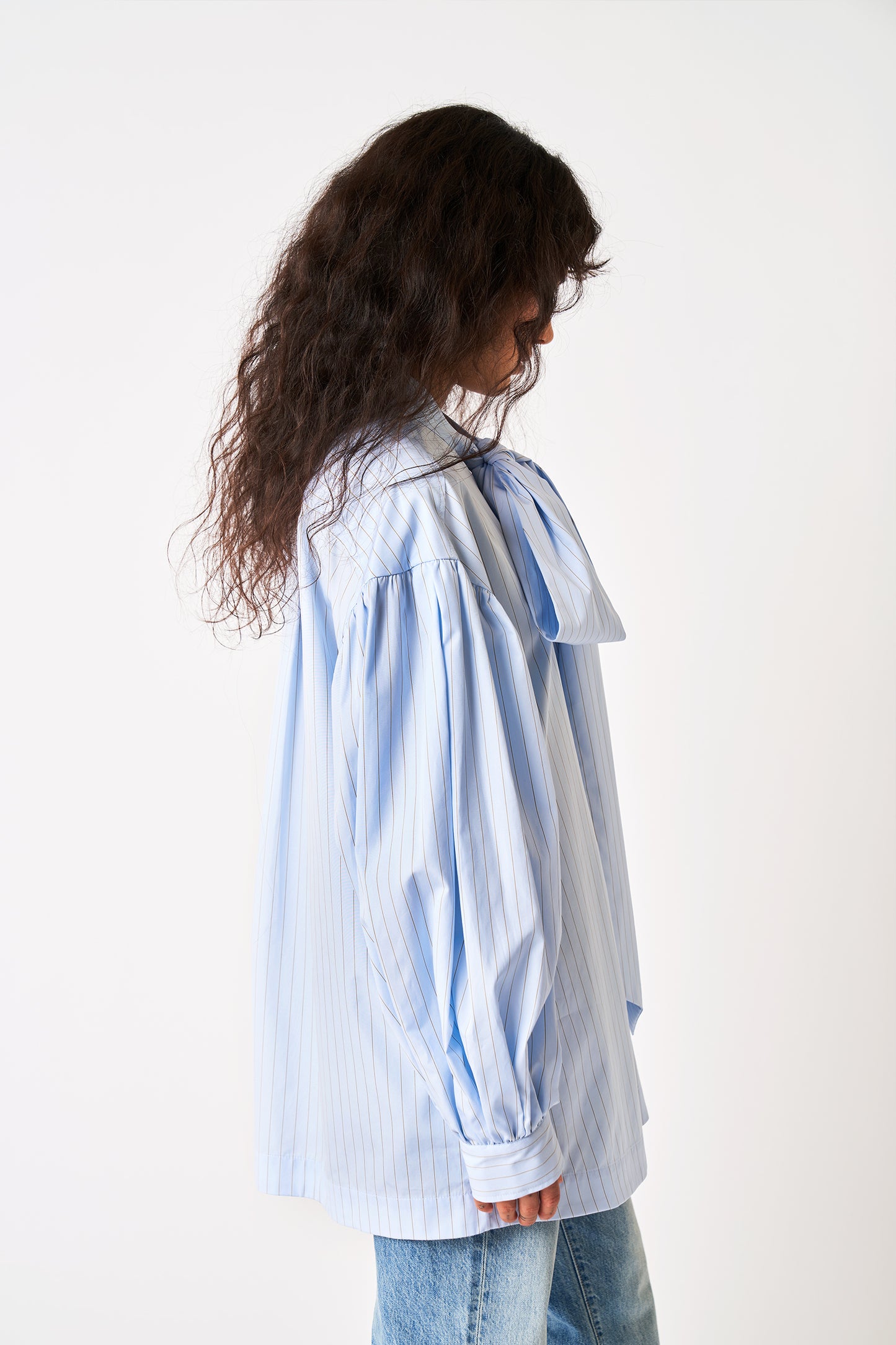 Puff Sleeve Shirt with Front Neck Bow