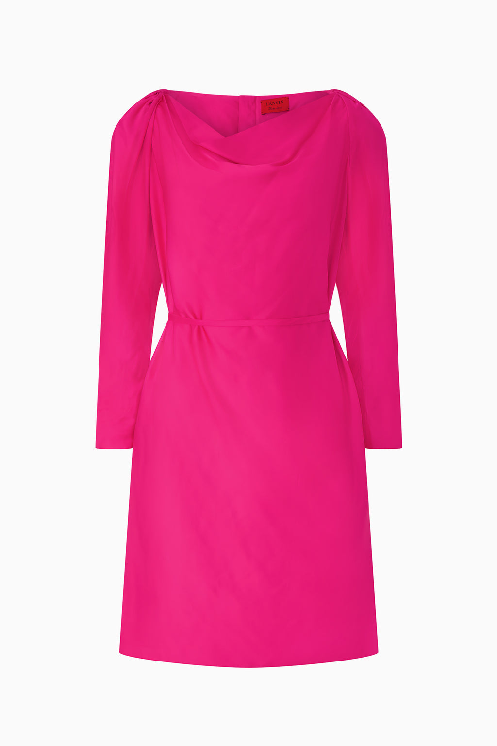 A fuschia pink Lanvin by Alber Elbaz cocktail dress with a cowl neckline and long sleeves.
