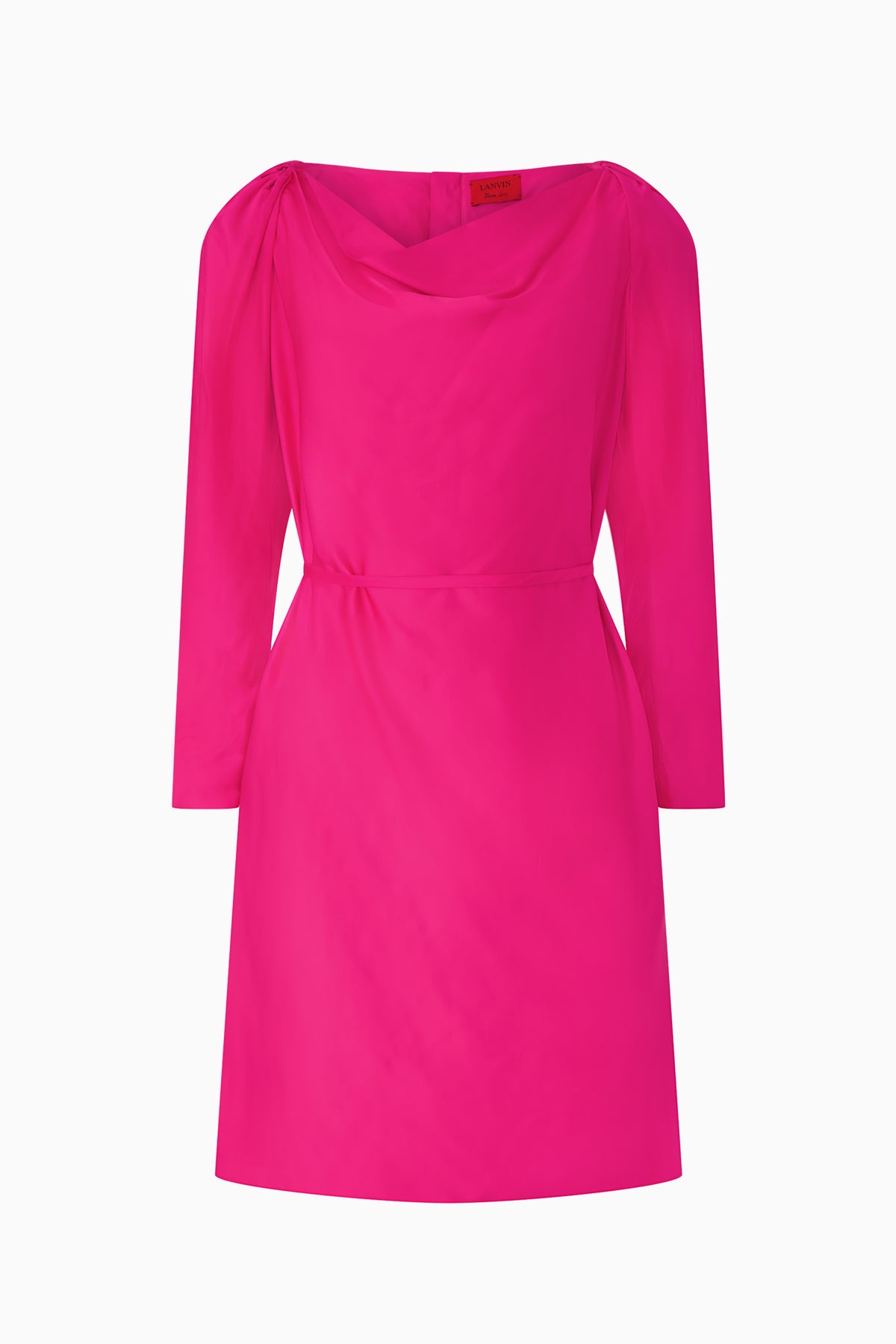 A fuschia pink Lanvin by Alber Elbaz cocktail dress with a cowl neckline and long sleeves.