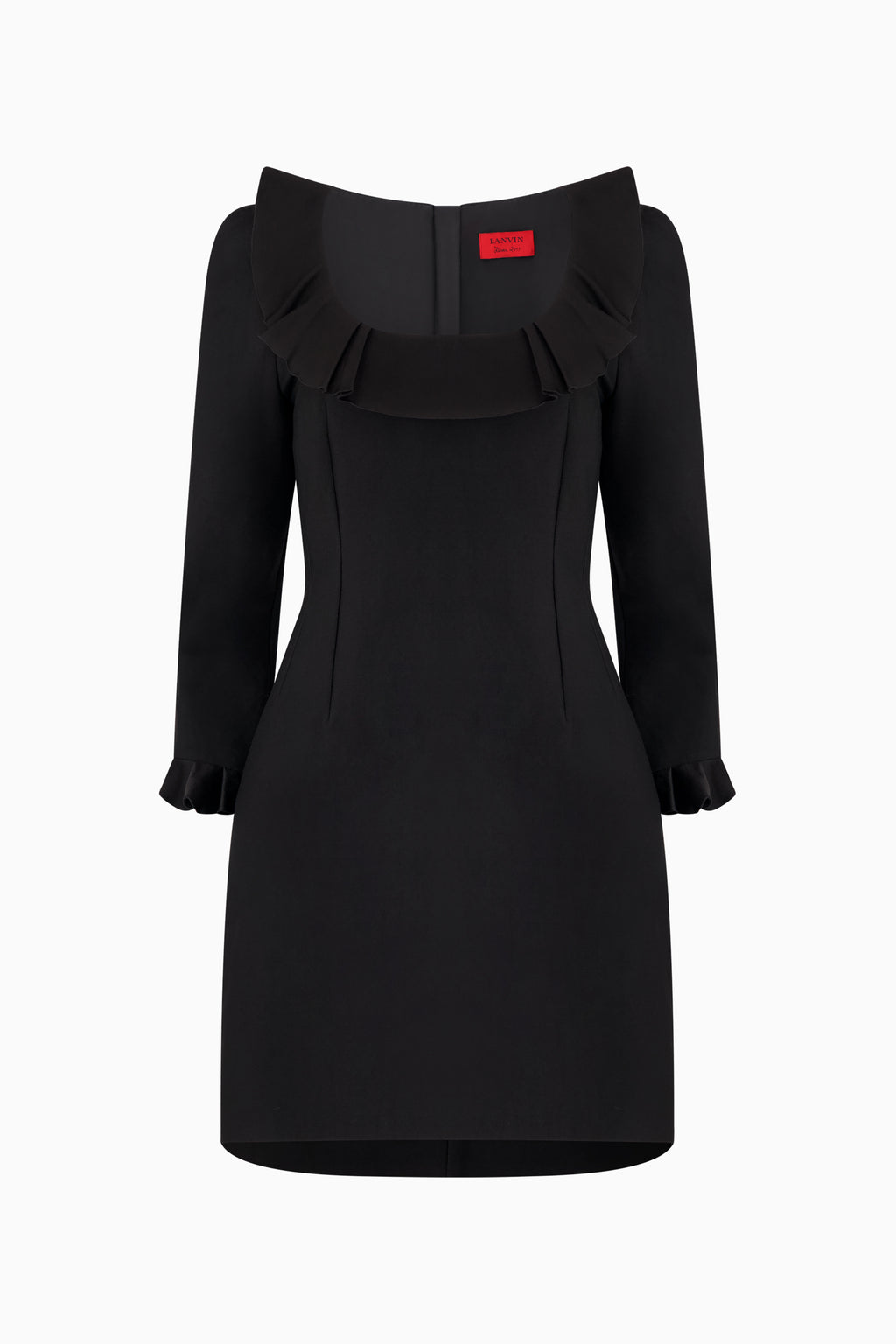 This image displays the Lanvin Ruffle Dress, a sophisticated and stylish garment designed with a minimalist black color. The dress features an elegant off-the-shoulder design, highlighted by delicate ruffle detailing along the neckline and sleeves, which adds a touch of femininity and sophistication.