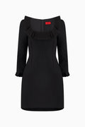 This image displays the Lanvin Ruffle Dress, a sophisticated and stylish garment designed with a minimalist black color. The dress features an elegant off-the-shoulder design, highlighted by delicate ruffle detailing along the neckline and sleeves, which adds a touch of femininity and sophistication.