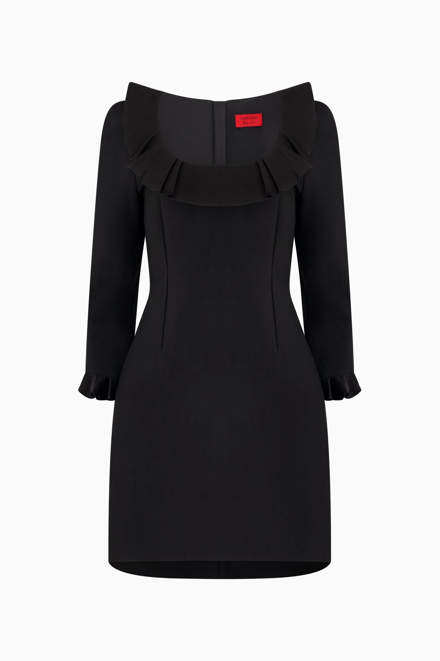 This image displays the Lanvin Ruffle Dress, a sophisticated and stylish garment designed with a minimalist black color. The dress features an elegant off-the-shoulder design, highlighted by delicate ruffle detailing along the neckline and sleeves, which adds a touch of femininity and sophistication.