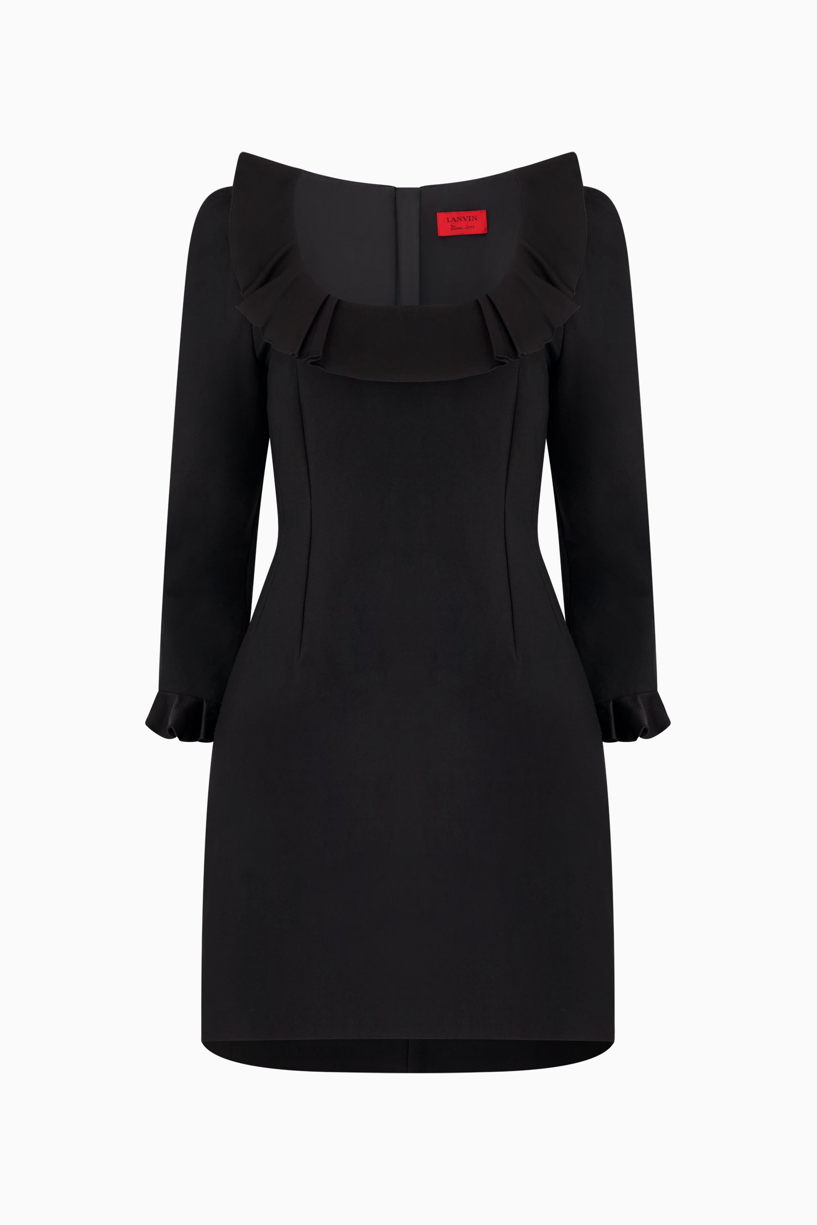 This image displays the Lanvin Ruffle Dress, a sophisticated and stylish garment designed with a minimalist black color. The dress features an elegant off-the-shoulder design, highlighted by delicate ruffle detailing along the neckline and sleeves, which adds a touch of femininity and sophistication.