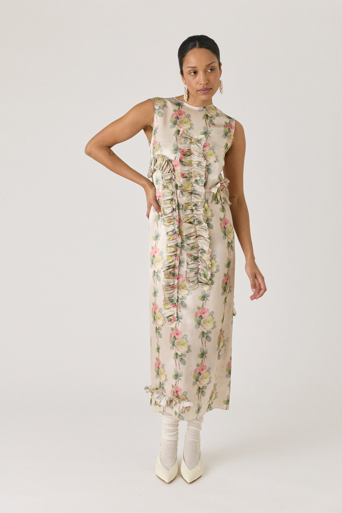 Long Shift Dress with Elastic Waist and Ruffles