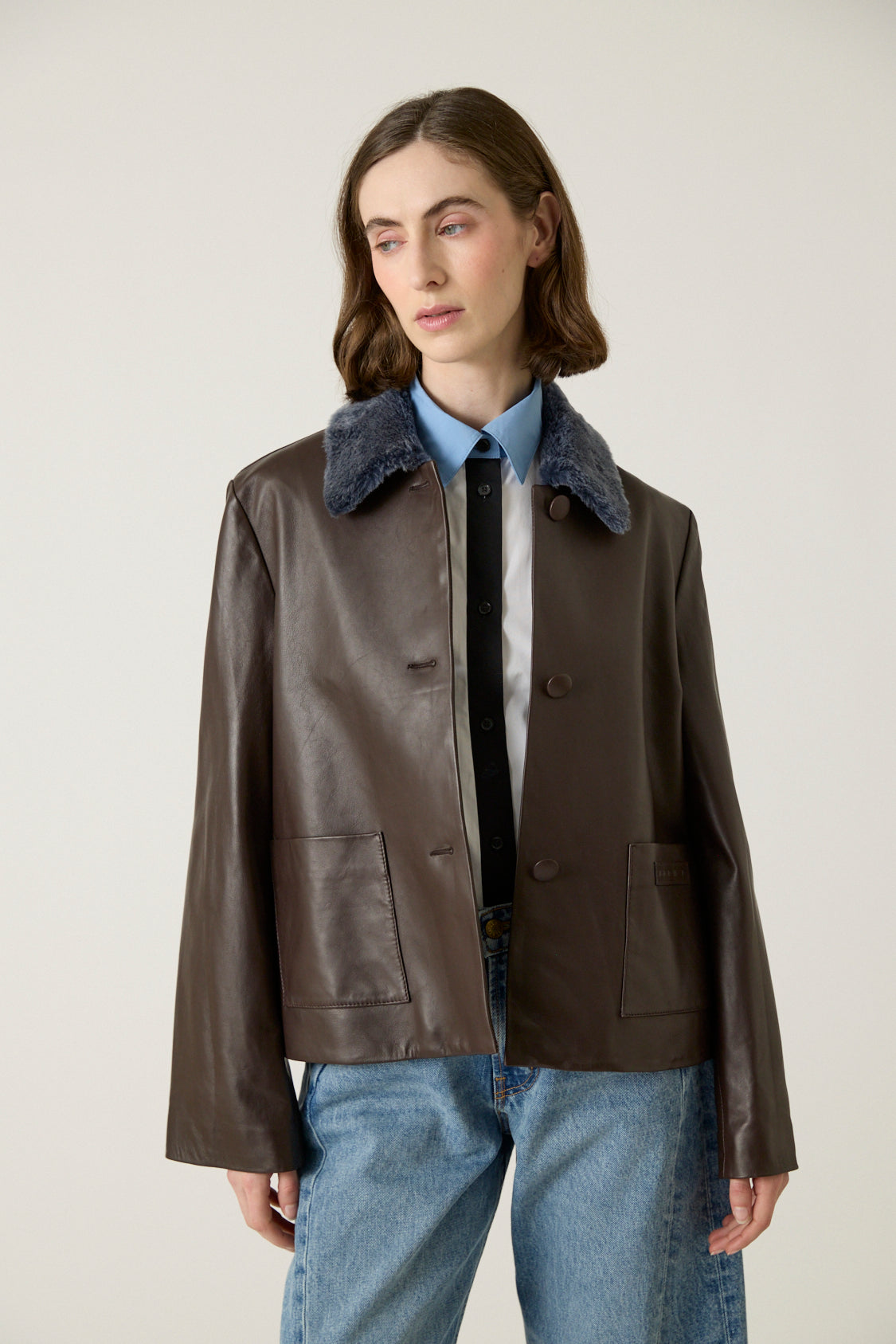 Leather Jacket with Shearling Collar and Cuffs