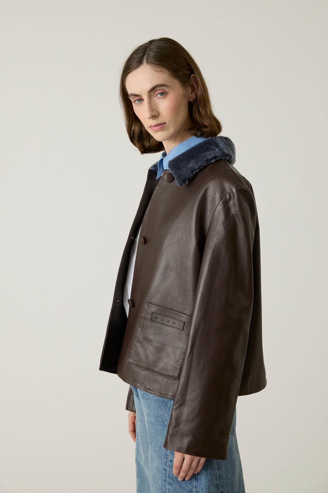 Leather Jacket with Shearling Collar and Cuffs