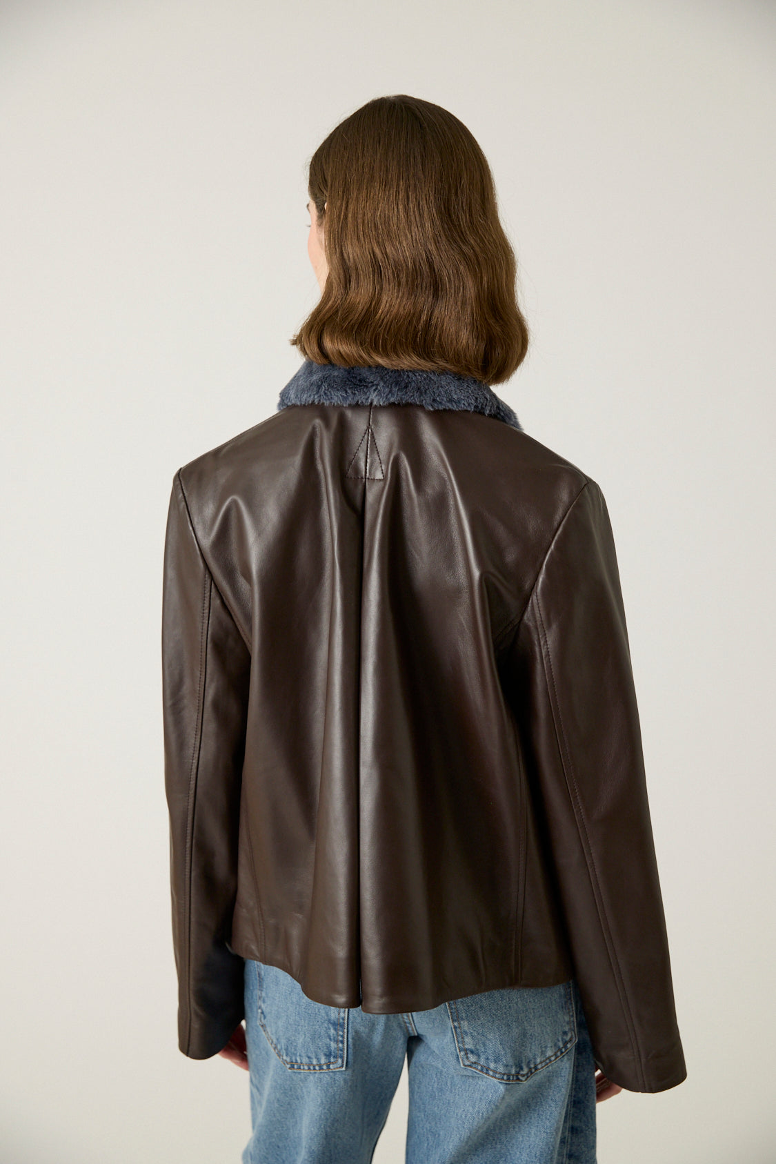 Leather Jacket with Shearling Collar and Cuffs