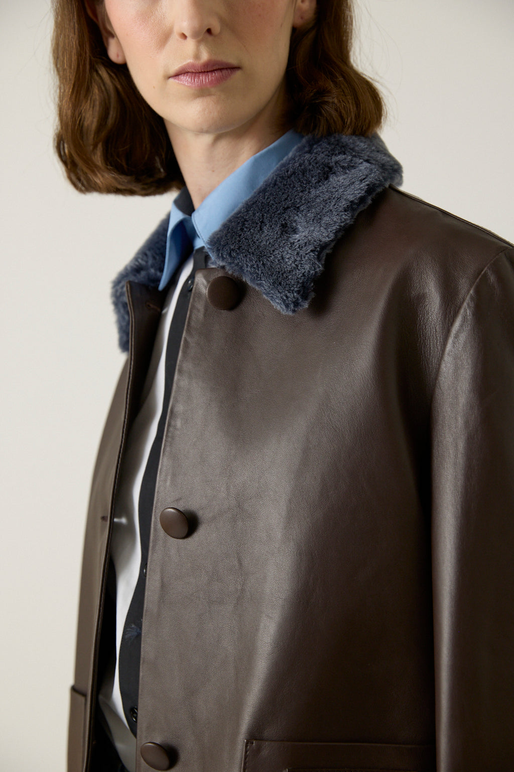 Leather Jacket with Shearling Collar and Cuffs