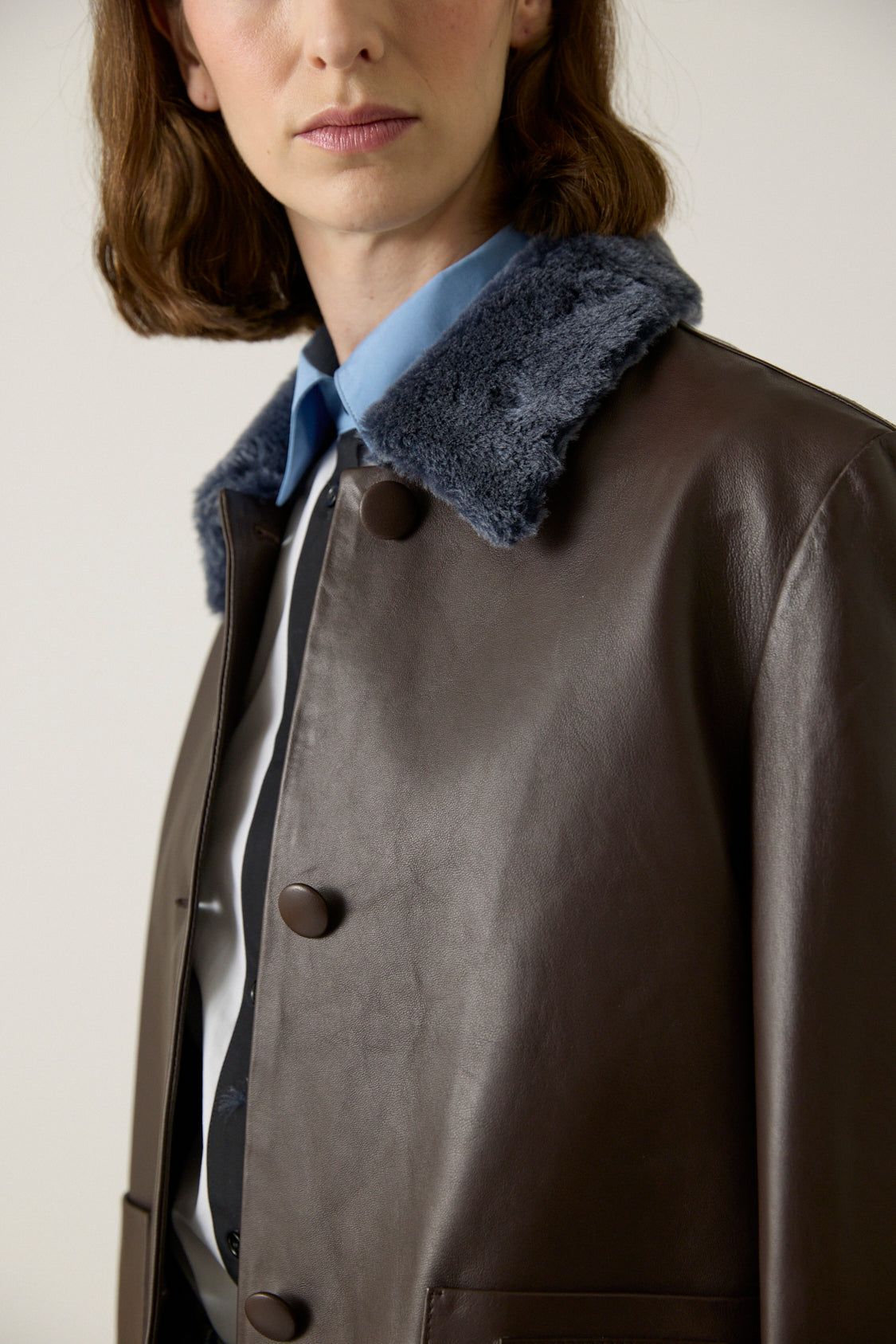 Leather Jacket with Shearling Collar and Cuffs