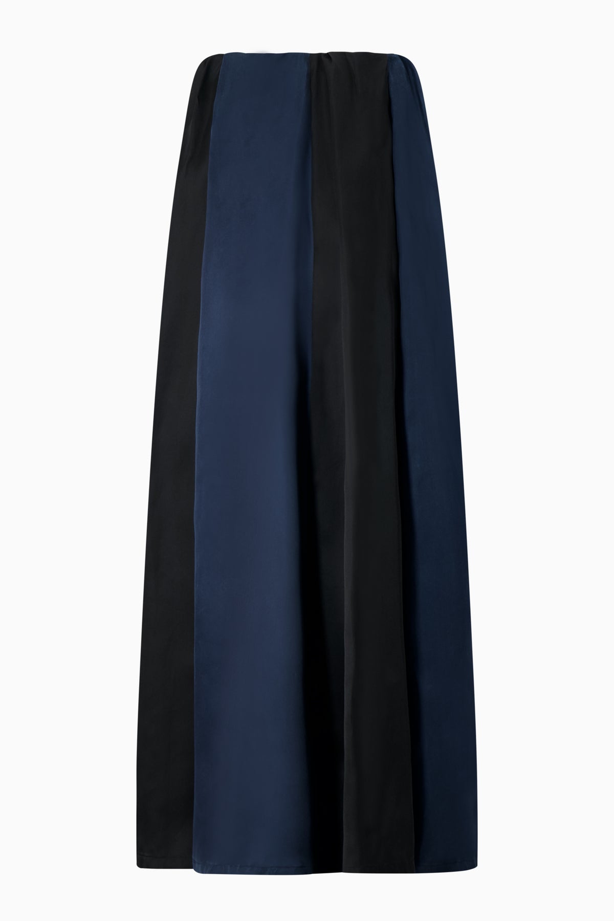 A long navy blue skirt with a solid color and a visible zipper at the side.