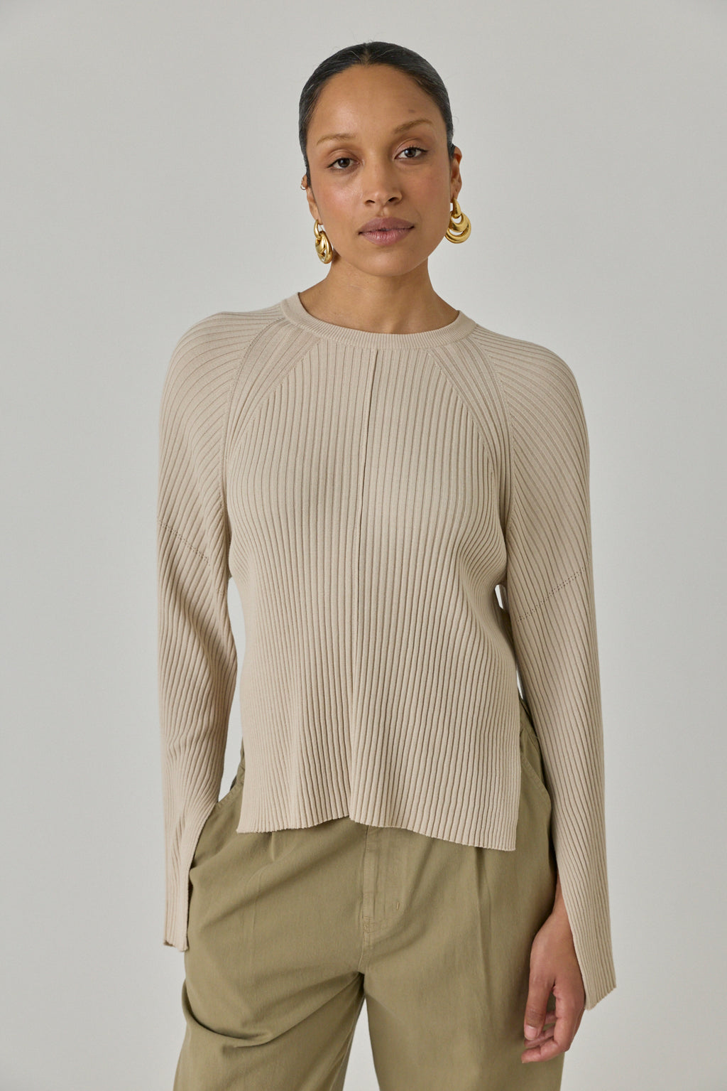 Slit Cuffs Ribbed Knit Top