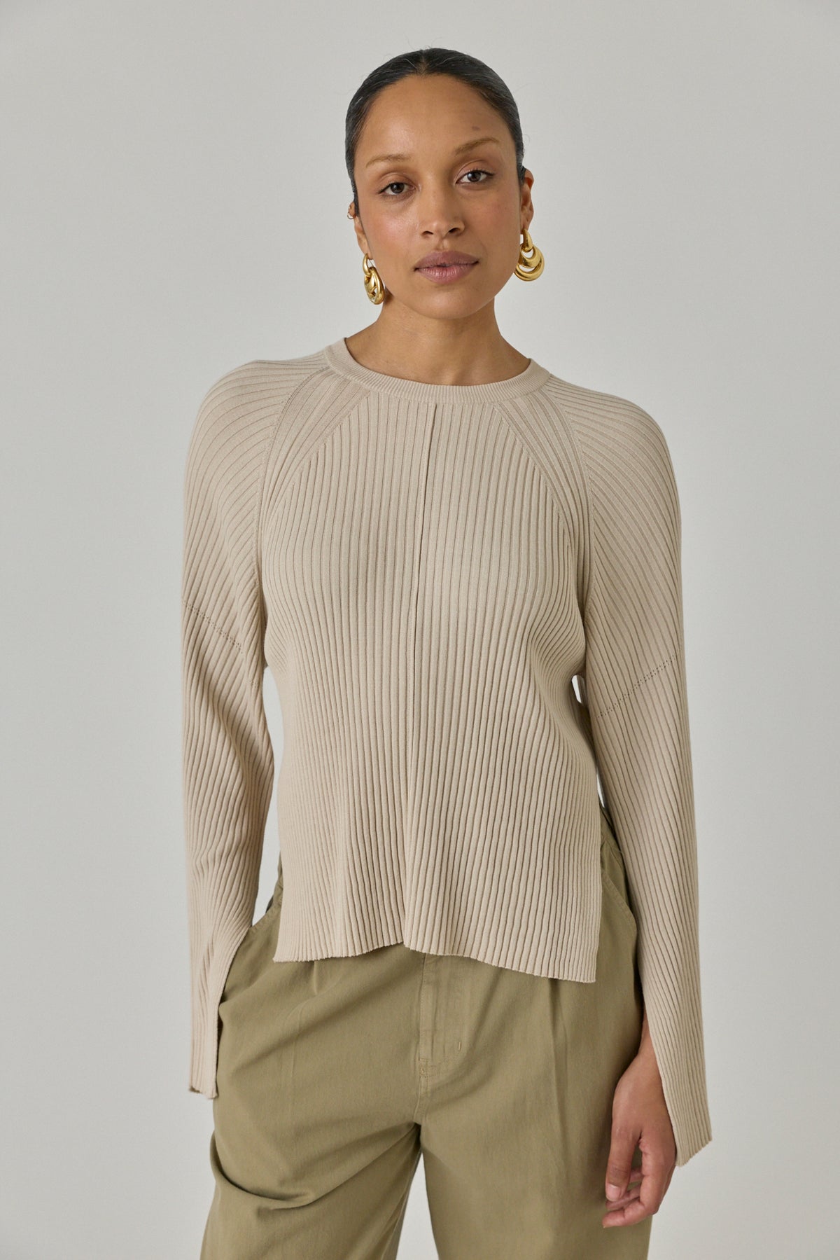 Slit Cuffs Ribbed Knit Top