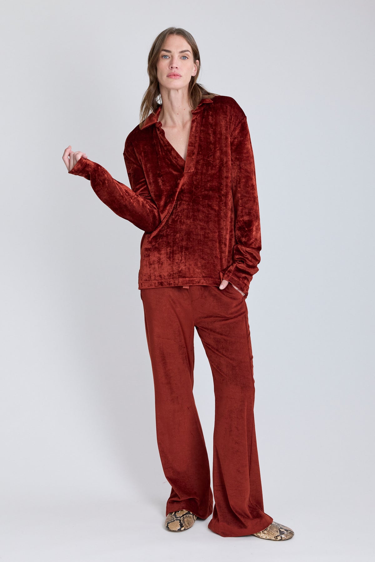 Velvet Flared Pants - Dark Rust
