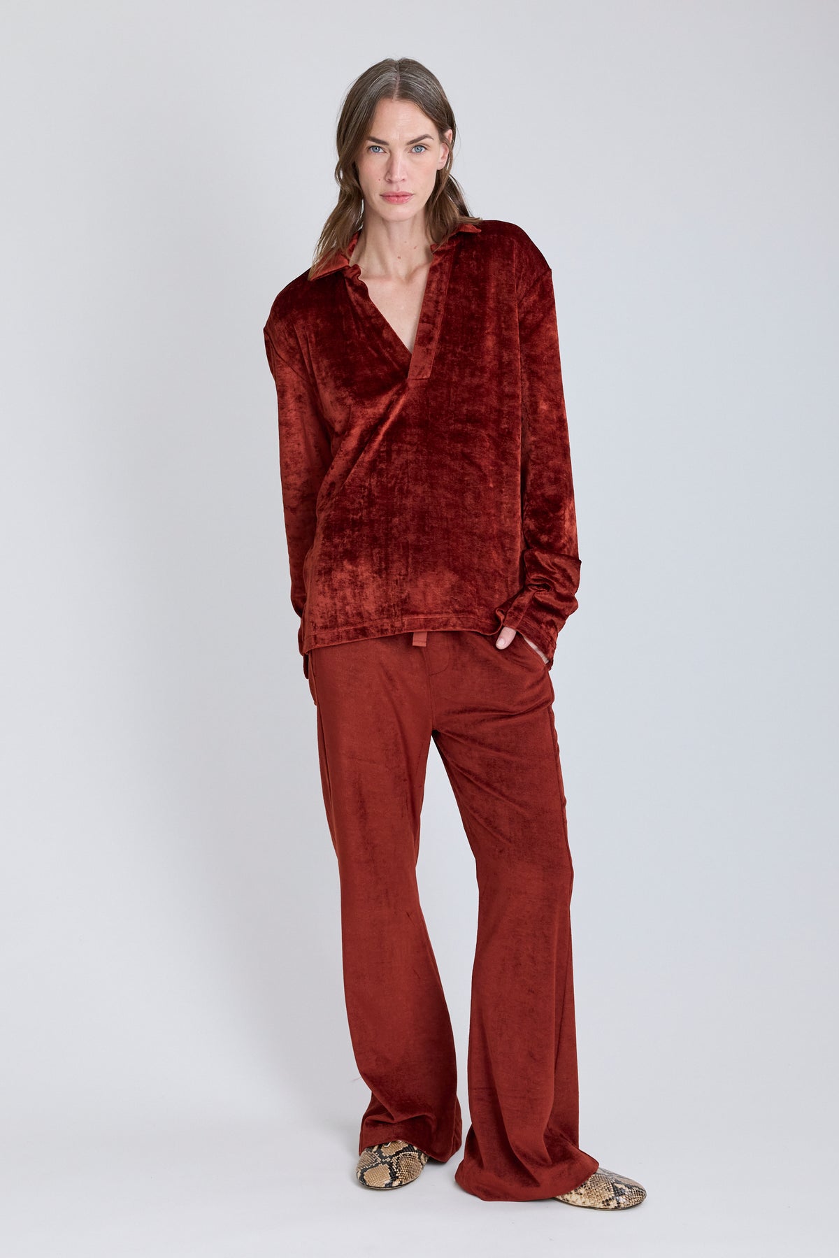 Velvet Deep V Polo - Dark Rust
