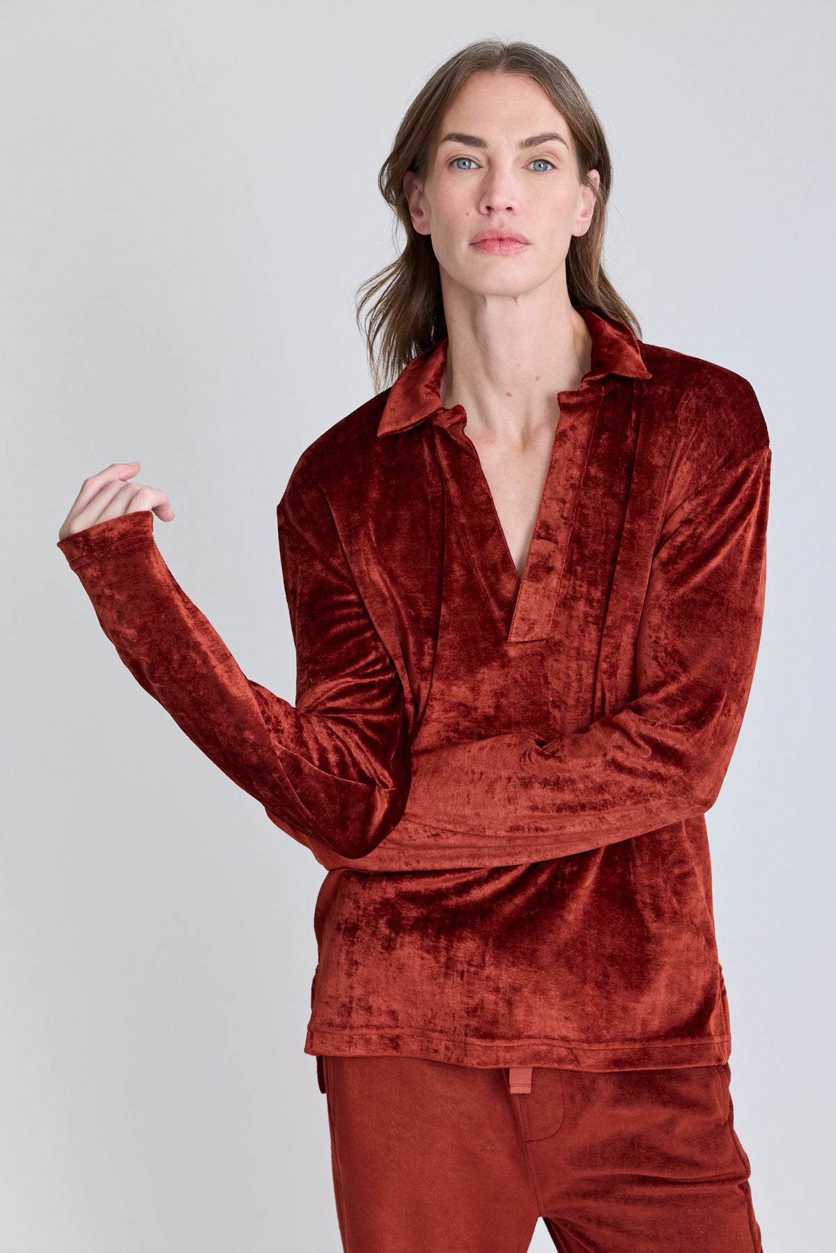 Velvet Deep V Polo - Dark Rust