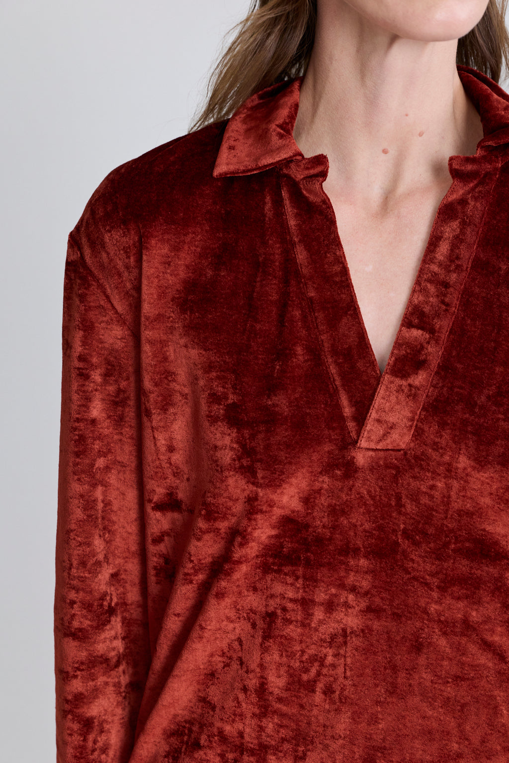 Velvet Deep V Polo - Dark Rust