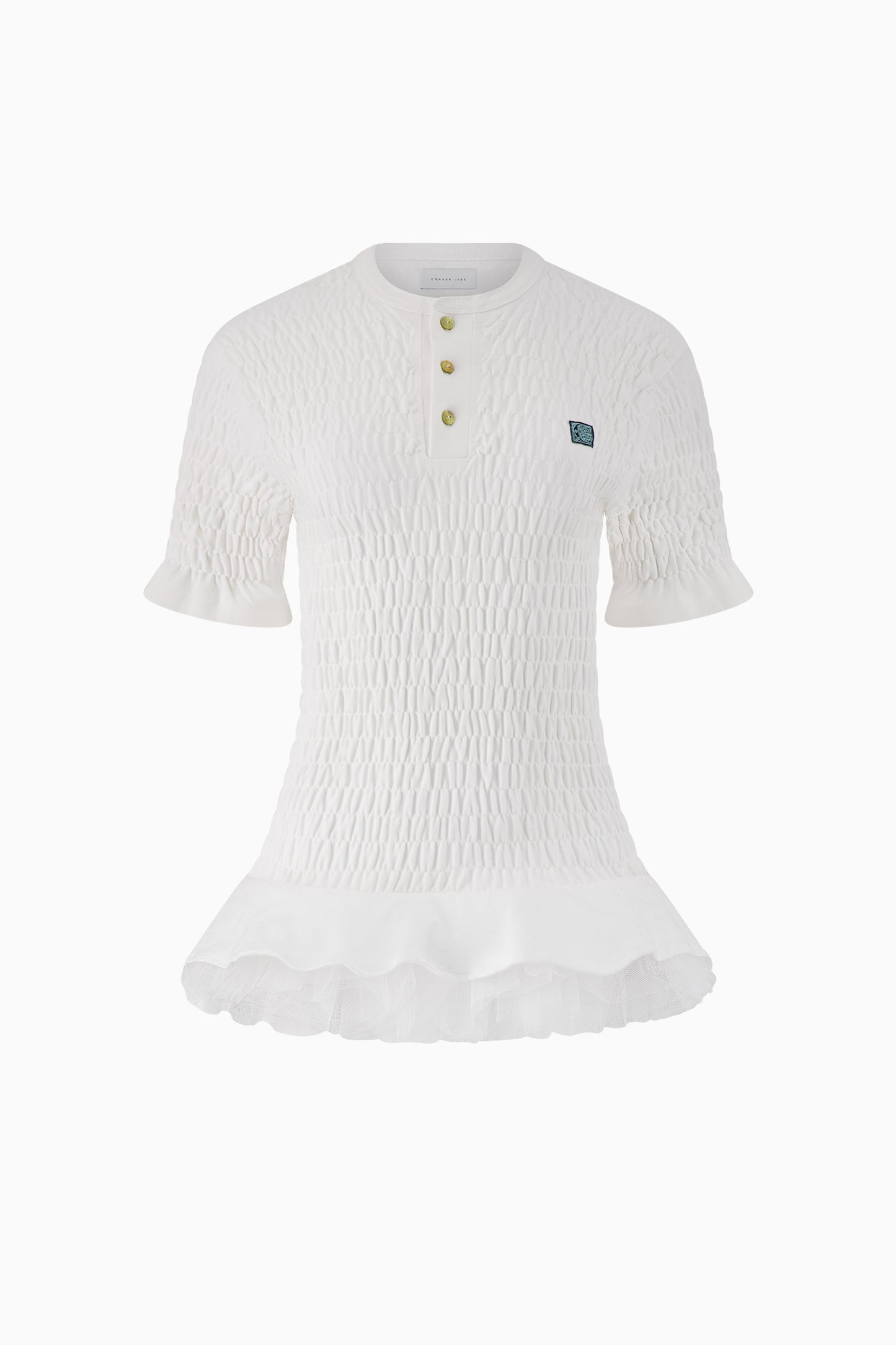 Shirred Henley Top with Tulle